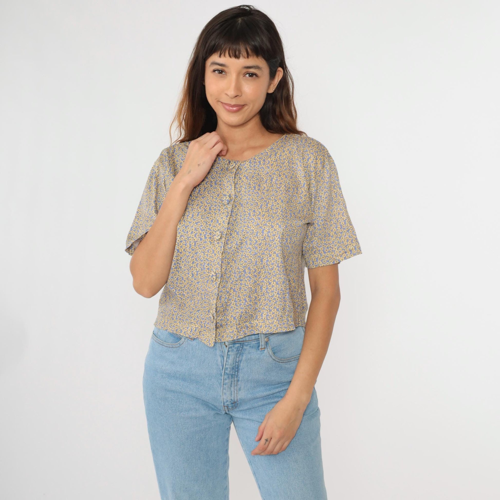 90s Talbots Petites Calico Floral Button-Up Blouse Periwinkle Cotton Small