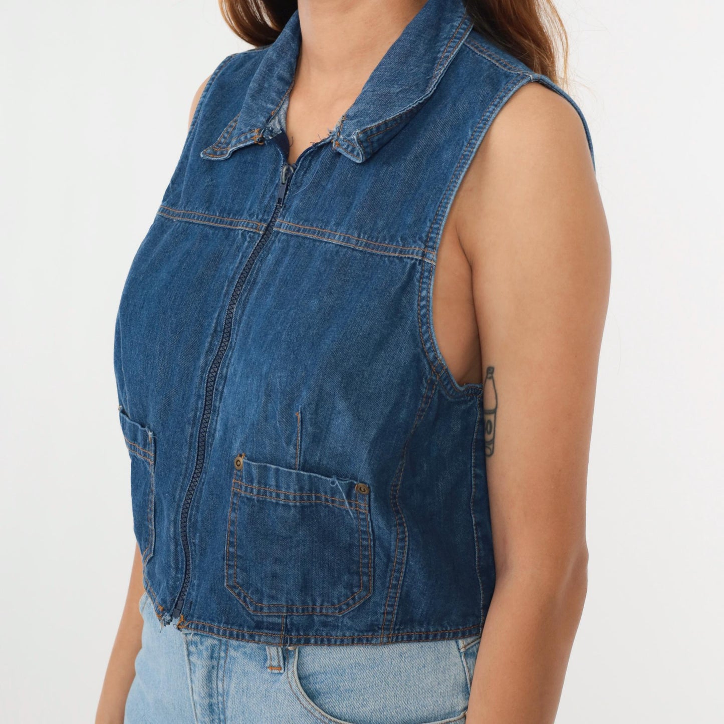 90s Blue Denim Zip Vest Cropped Sleeveless Jean Top Large