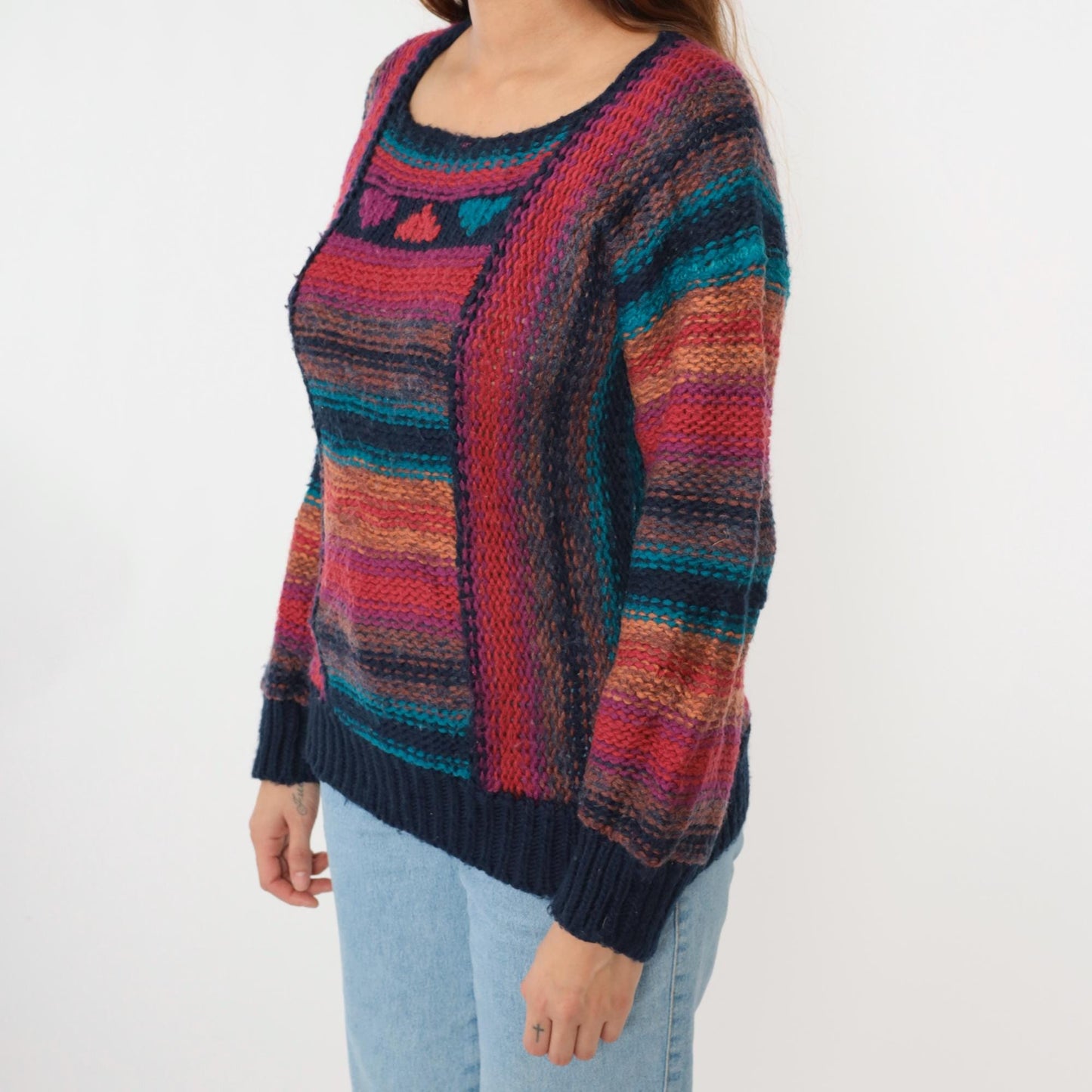 80s Striped Knit Sweater Rainbow Horizontal Stripes Balloon Sleeve Small
