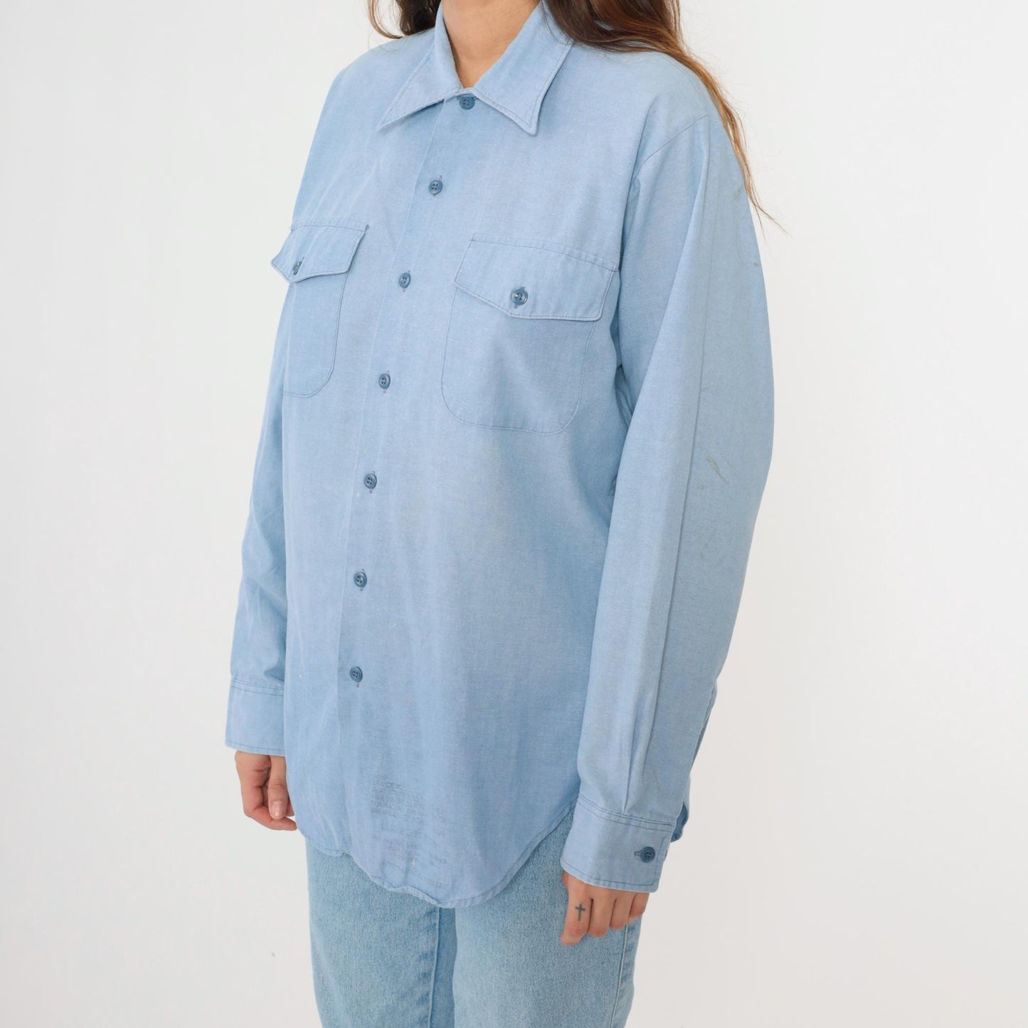 80s Blue Oxford Button-Up Shirt Paint Splatter Long Sleeve Large L