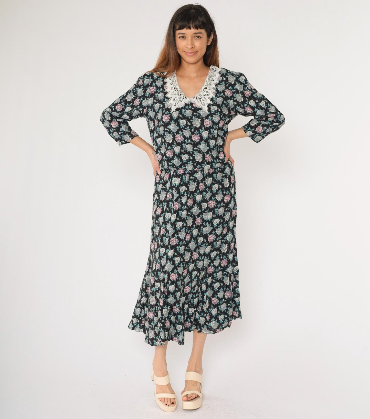90s Starlo Fashions Floral Midi Dress Lace Collar Puff Sleeve Black Large