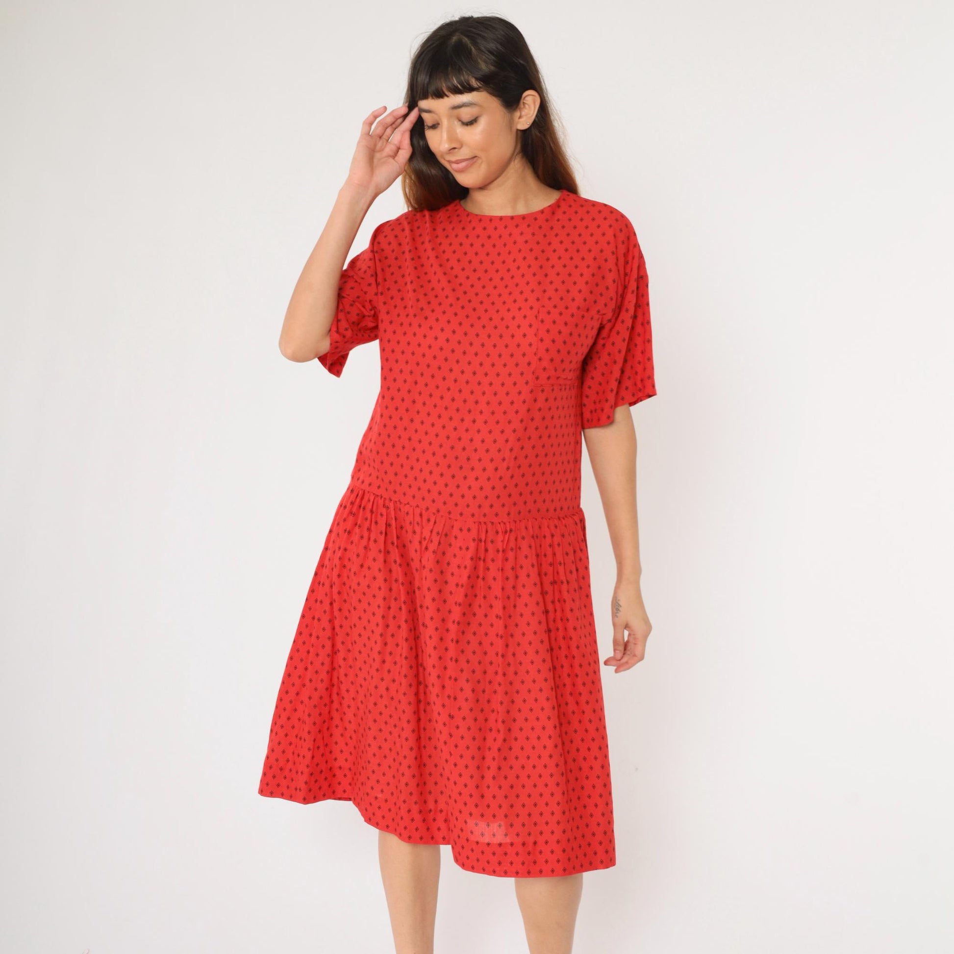 80s Geometric Diamond Print Midi Dress Red Drop Waist Short Sleeve Medium Large