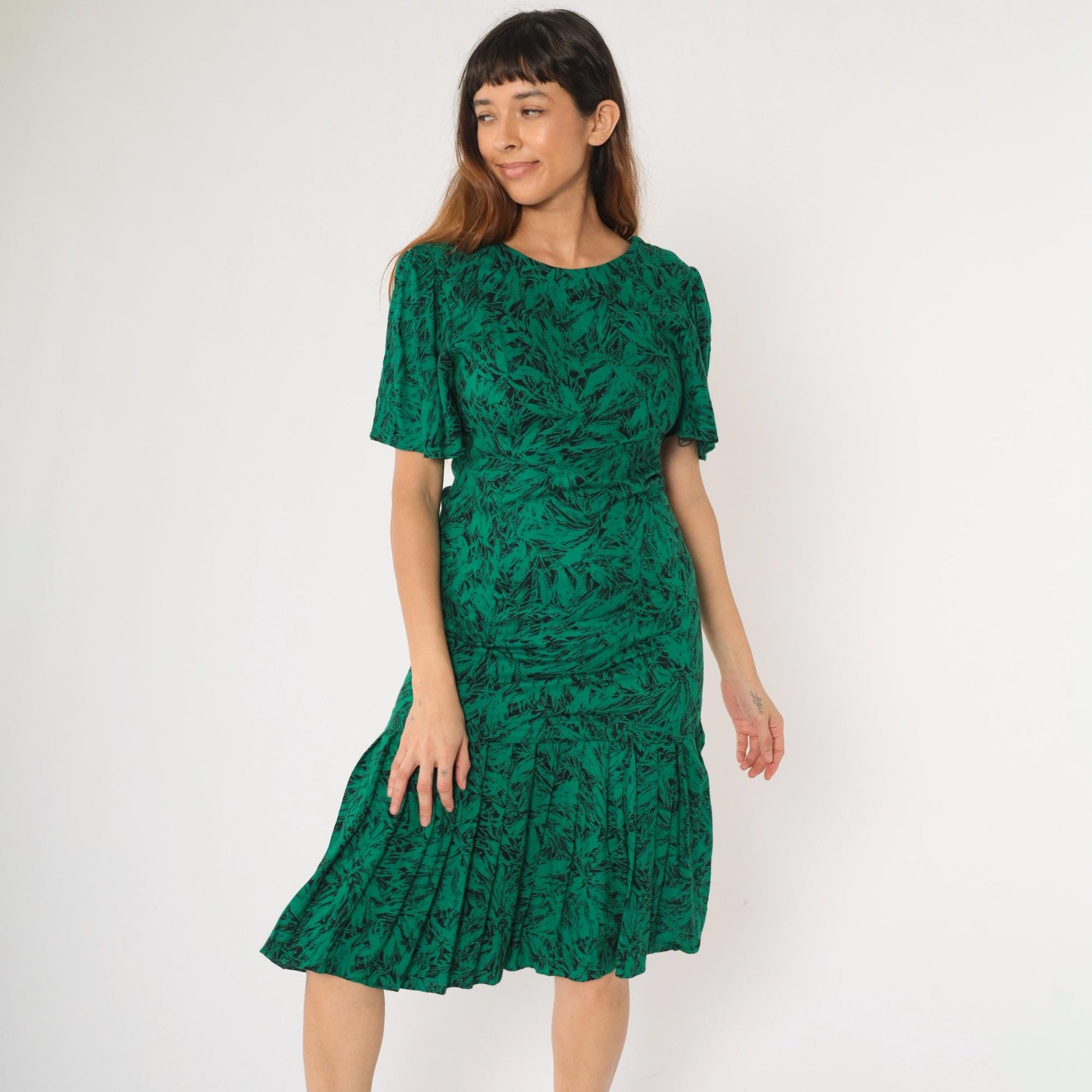 80s Green Abstract Leaf Print Midi Dress Puff Sleeve Drop Waist Small