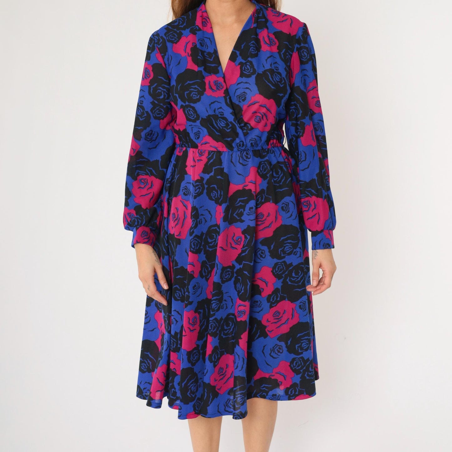 80s Floral Wrap Dress Midi Long Sleeve High Waist Blue Pink Rose Print Medium