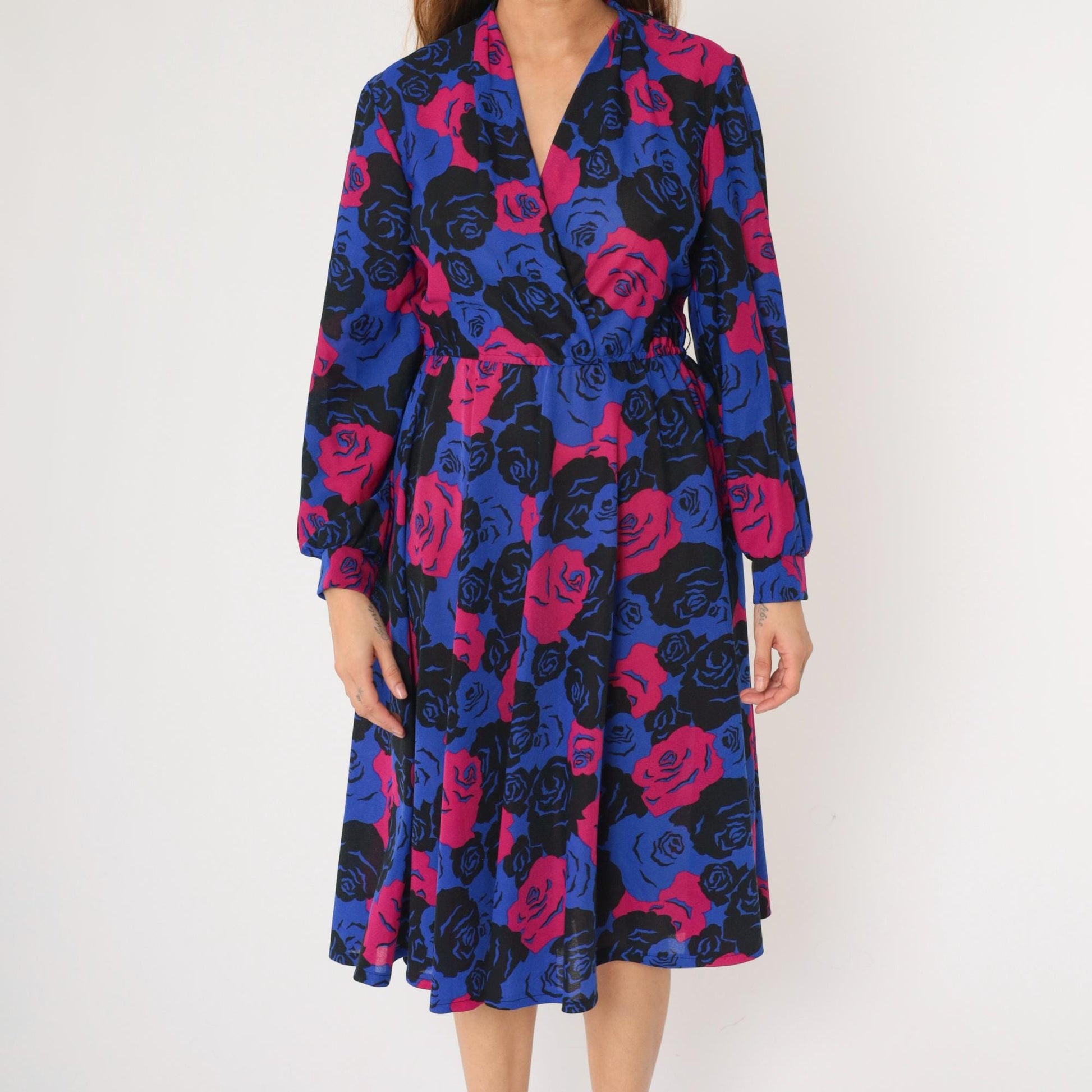 80s Floral Wrap Dress Midi Long Sleeve High Waist Blue Pink Rose Print Medium