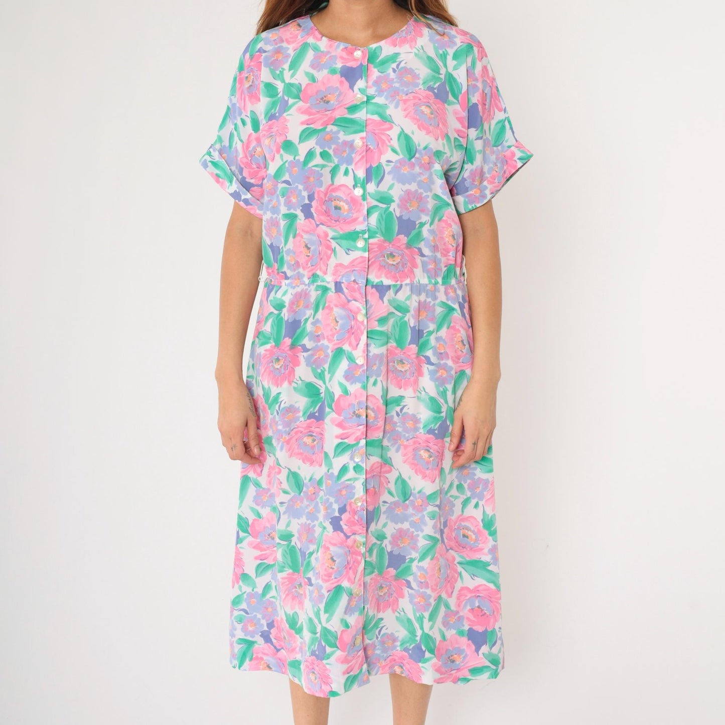 80s Floral Midi Shirtdress Pink Purple Green Button-Up Short Sleeve Medium