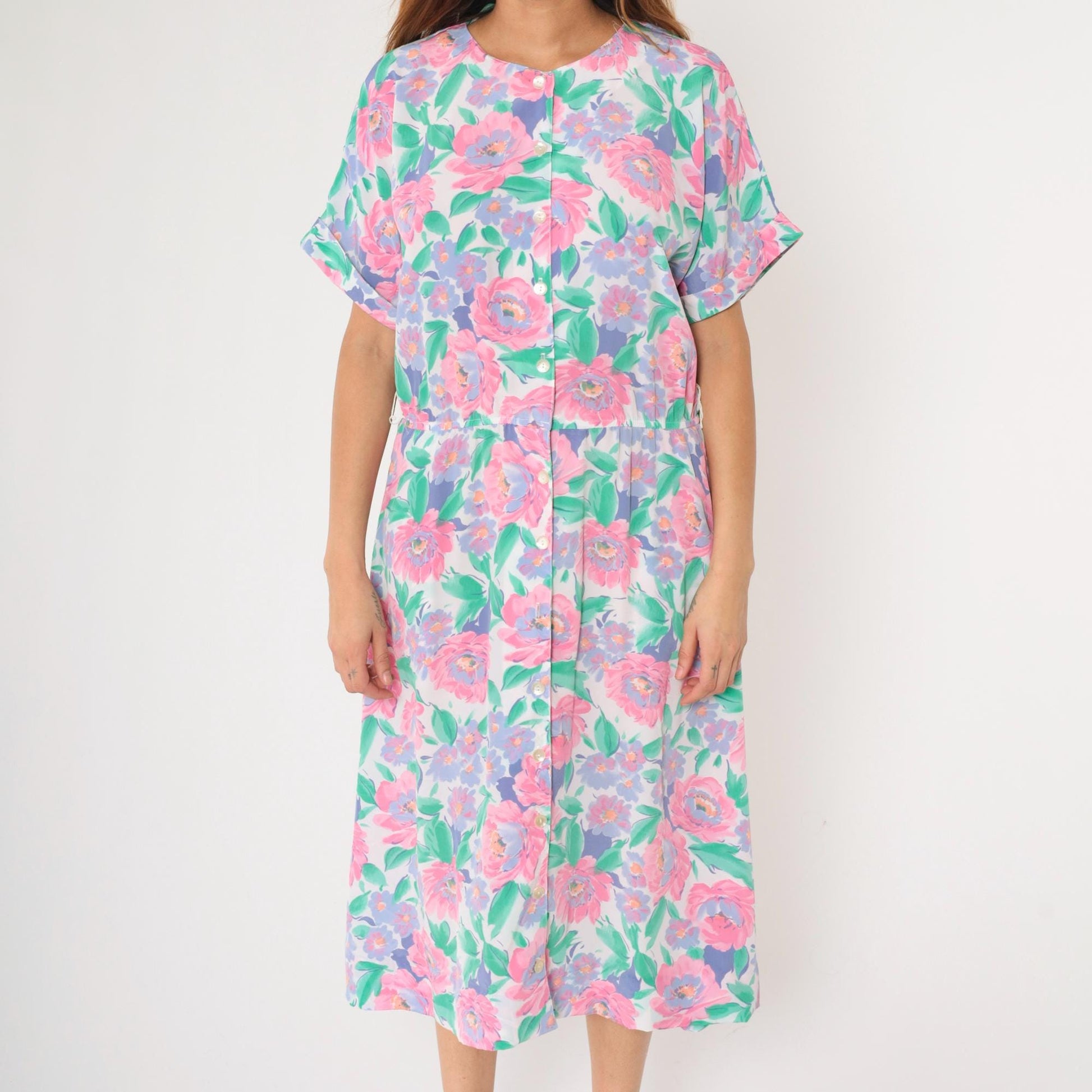 80s Floral Midi Shirtdress Pink Purple Green Button-Up Short Sleeve Medium