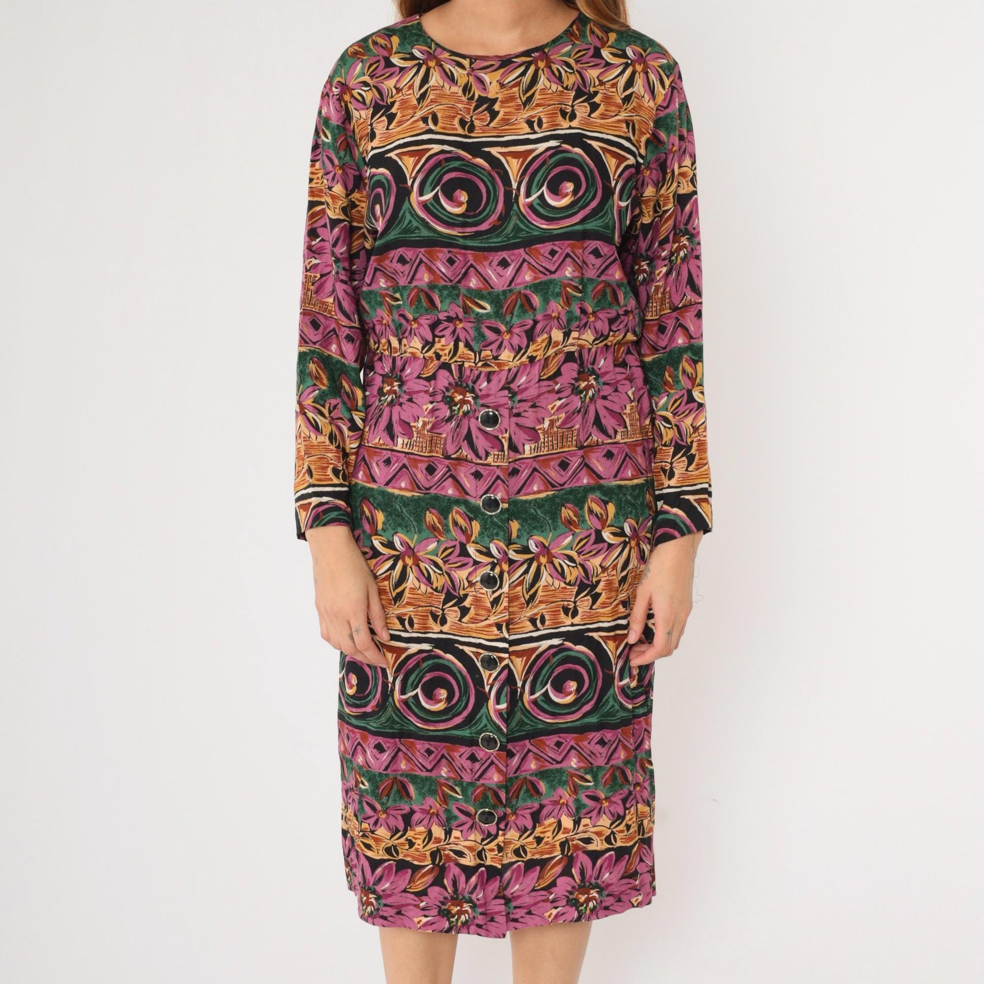 90s Geometric Floral Midi Dress Purple Green High Waist Long Sleeve Medium