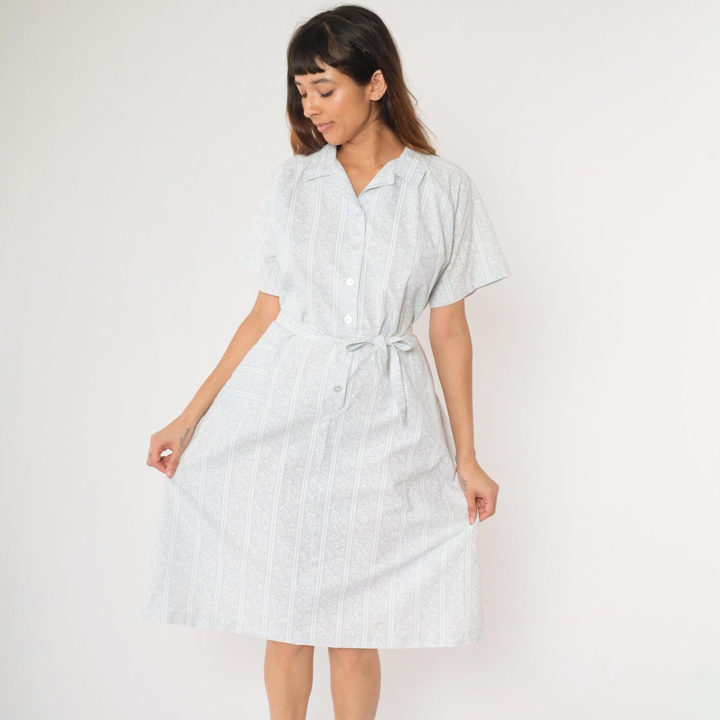 70s American Frock Baby Blue Floral Striped Midi Shirt Dress Large
