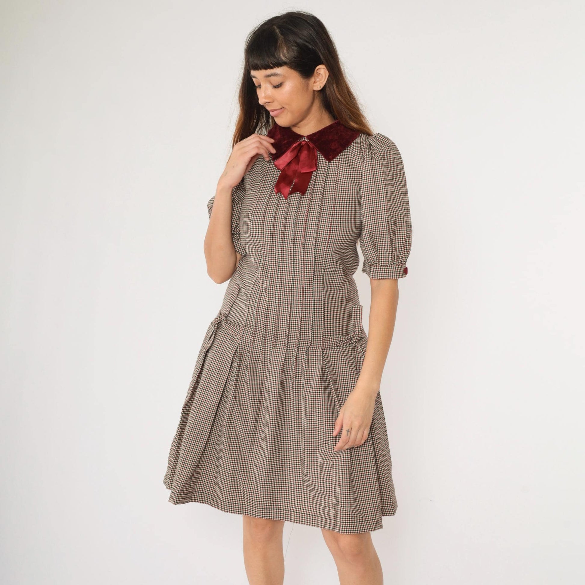 80s Bellville Sassoon Houndstooth Wool Dress Red Black Velvet Collar Knee Length Extra Small