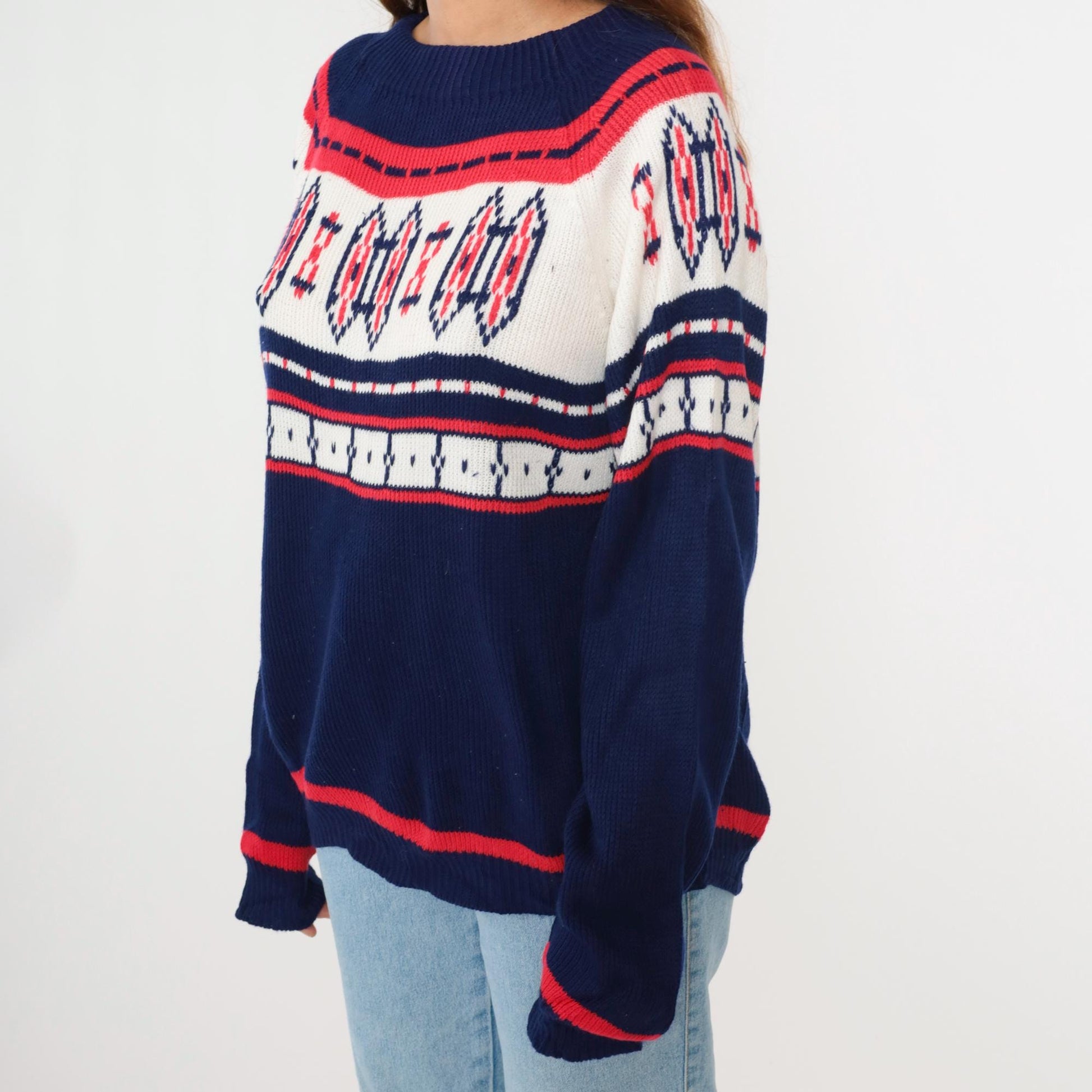 70s Nordic Yoke Sweater Navy Red White Geometric Knit Pullover Medium