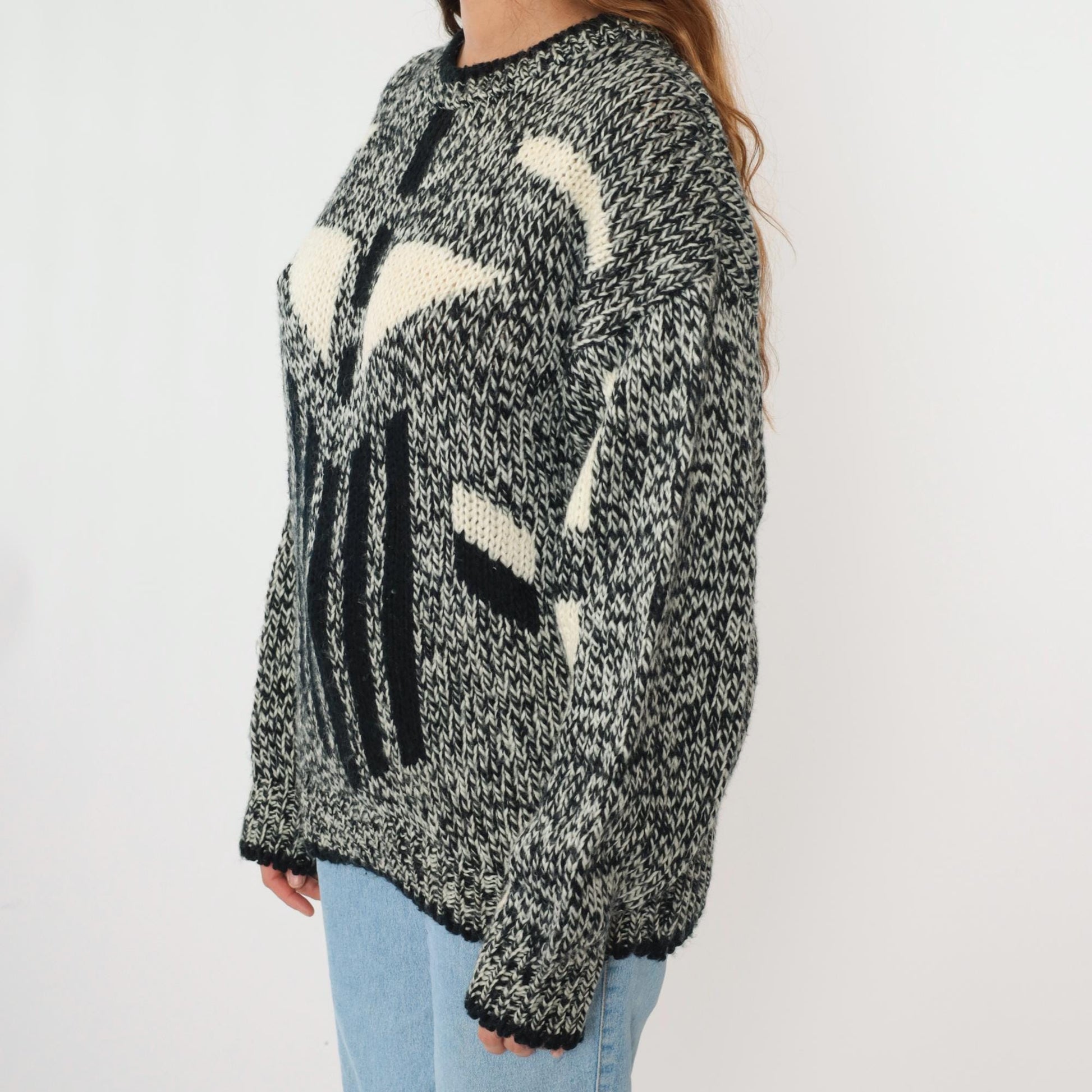 80s Michael Gerald Marled Knit Sweater Geometric Black White Crewneck Medium M