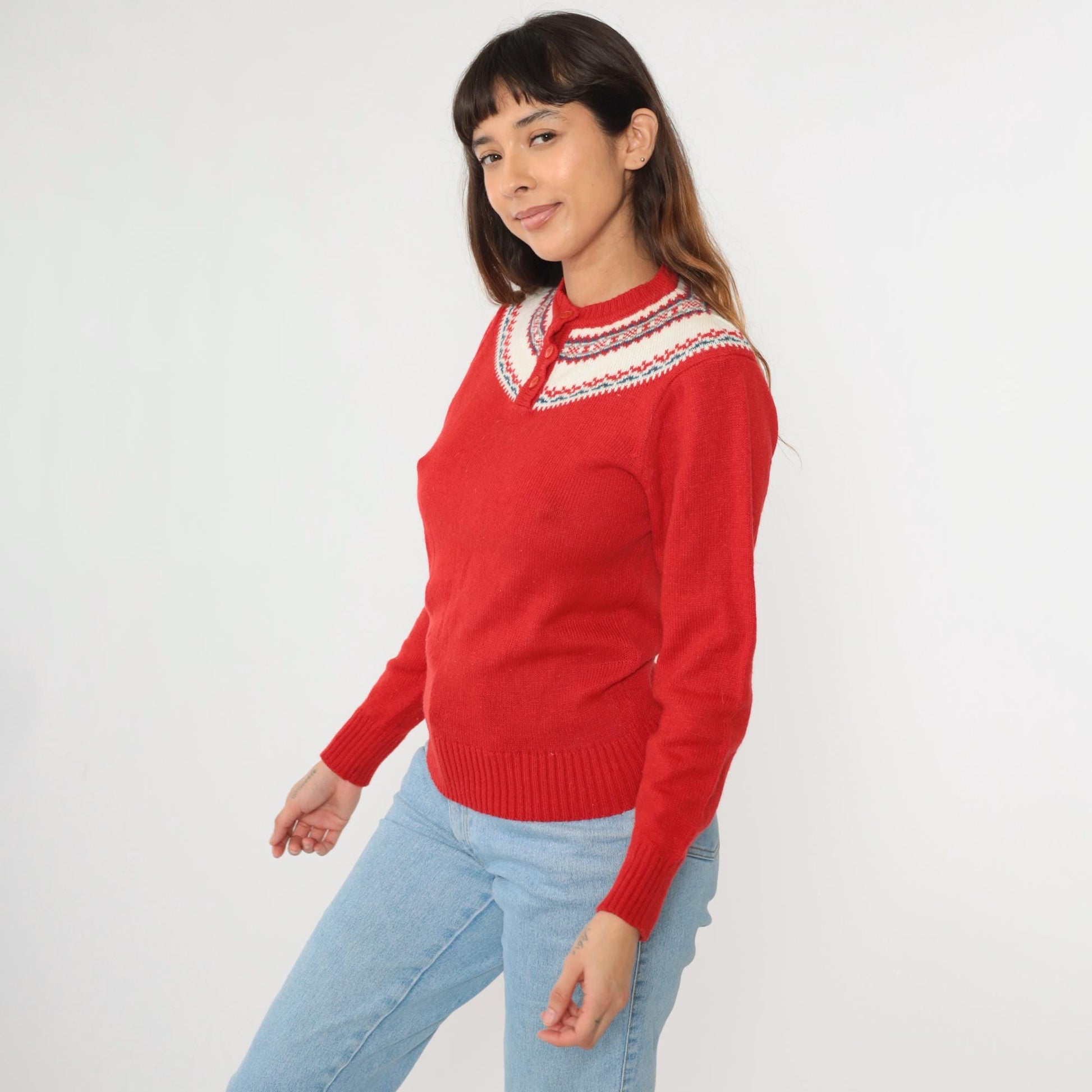 70s Icelandic Geometric Yoke Sweater Red Henley Knit Pullover Extra Small