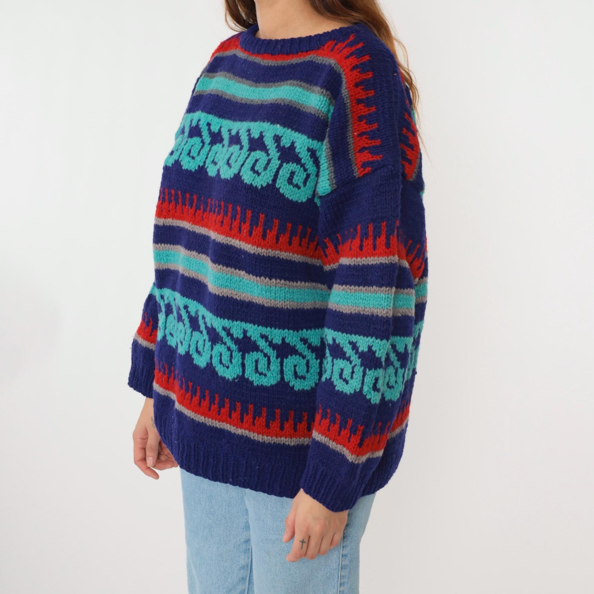 90s Geometric Wool Sweater Estonian Striped Crewneck Blue Turquoise Red Extra Large XL