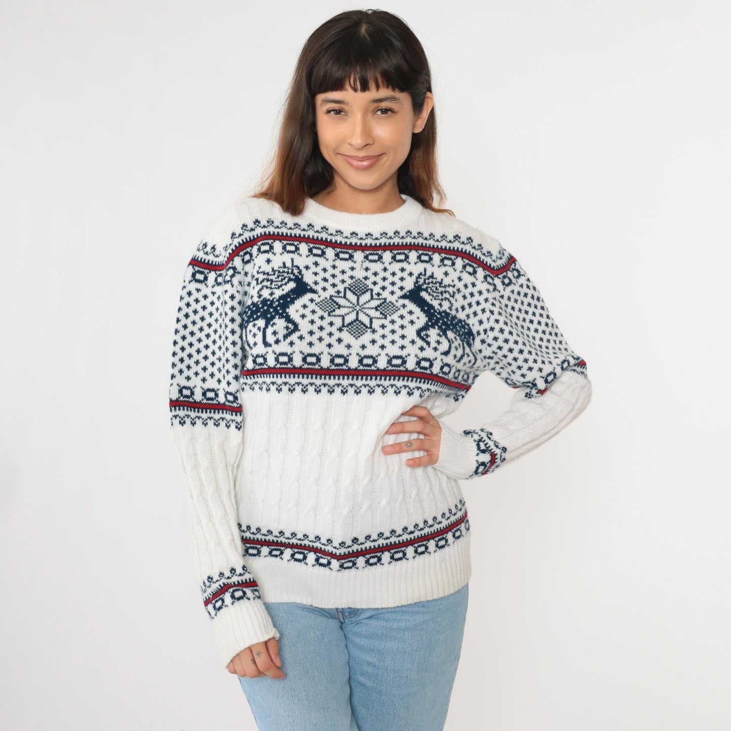 80s Reindeer Fair Isle Sweater White Nordic Snowflake Crewneck Medium