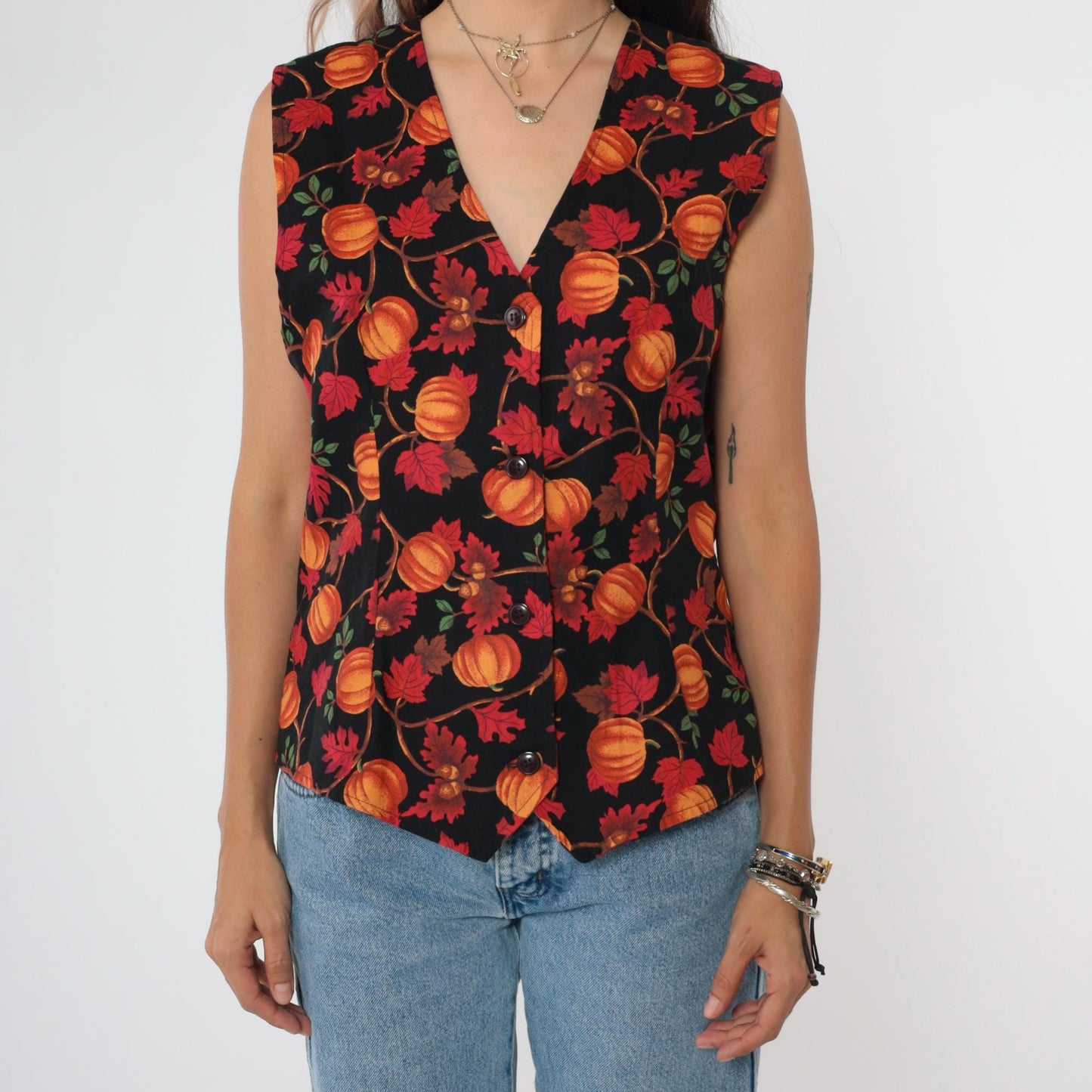 90s Talbots Pumpkin Acorn Leaf Vest Orange Black V-Neck Button-Up Medium