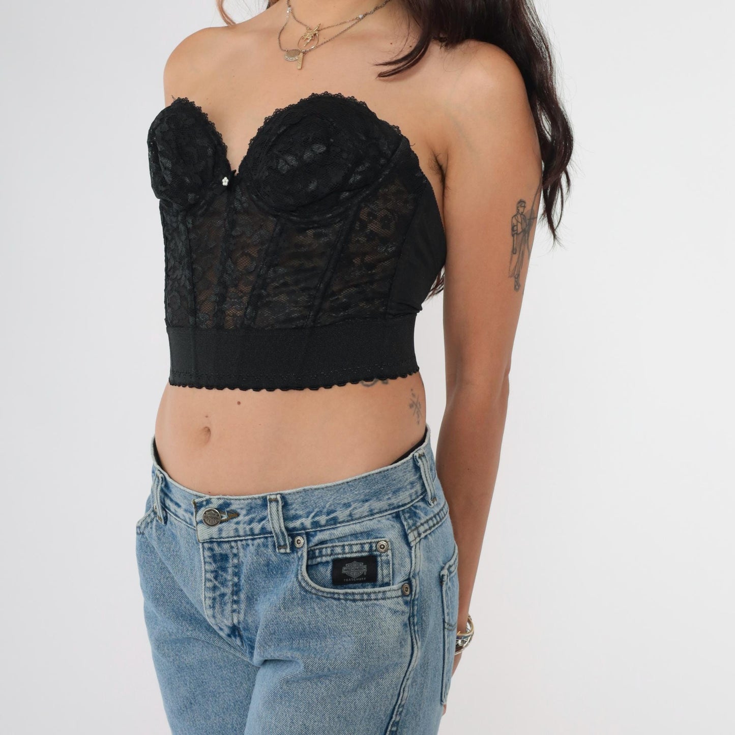 80s Black Lace Bustier Corset Boned Strapless Sweetheart Neckline 34A