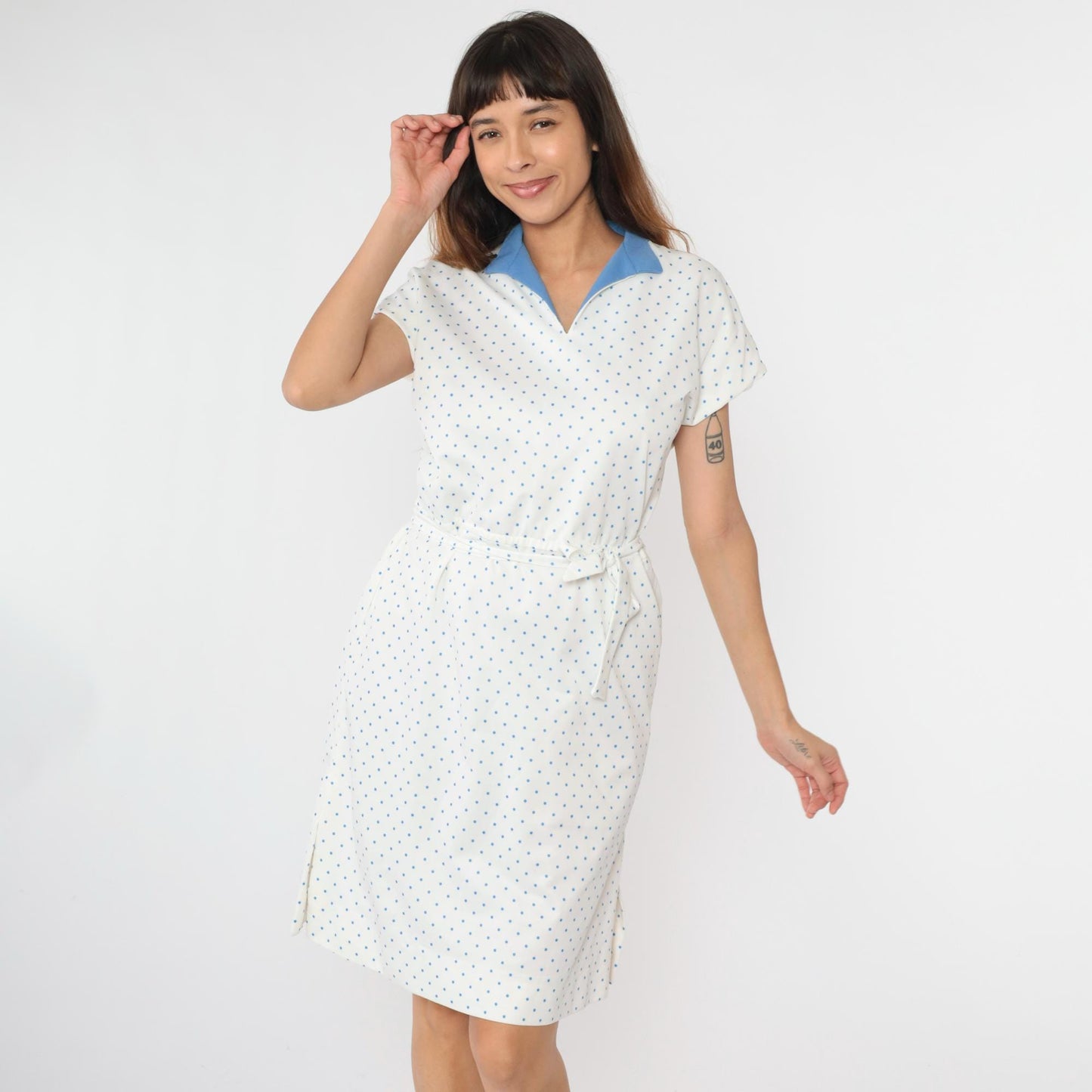 70s White Polka Dot Midi Dress V-Neck High Waist Cap Sleeve Medium Large