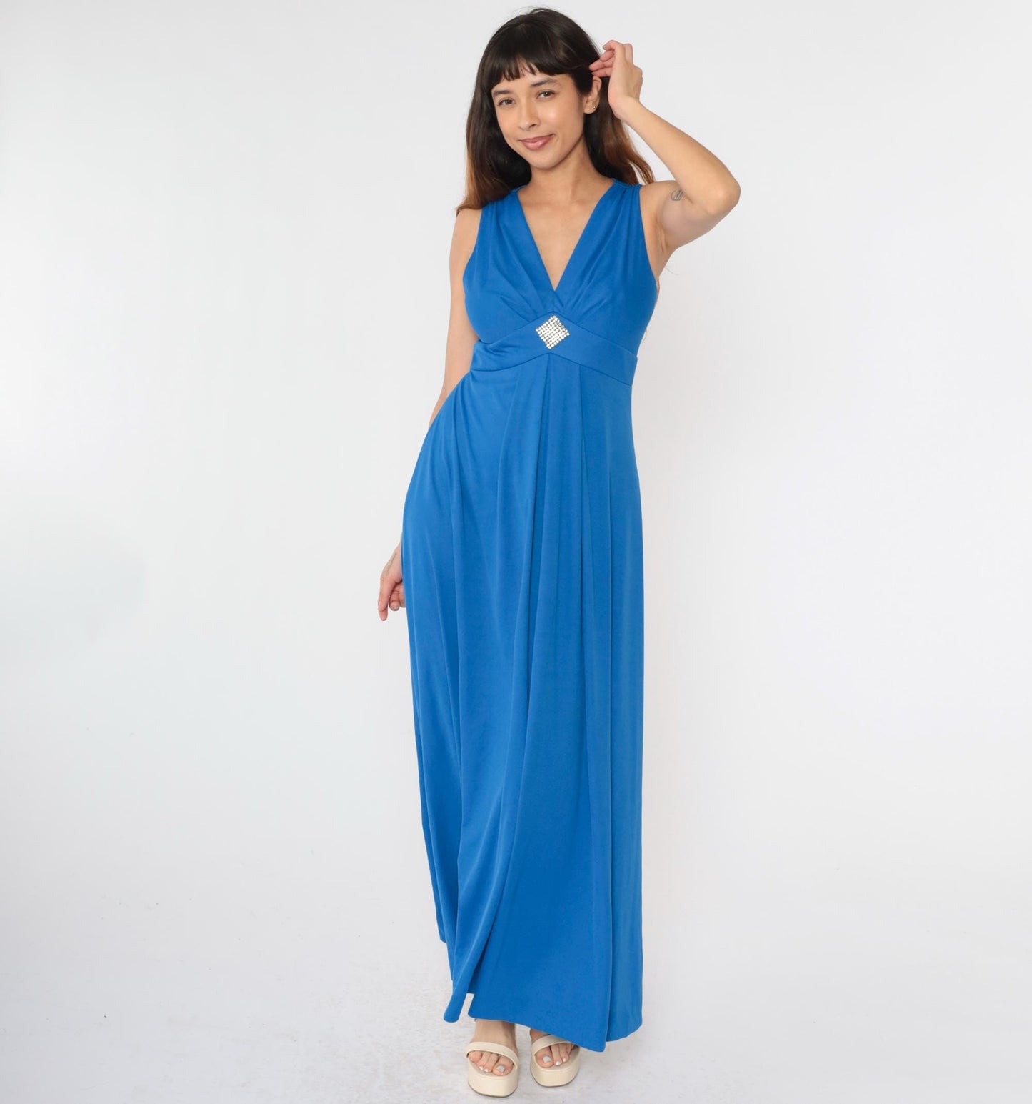 70s Blue Maxi Dress Rhinestone Empire Waist V Neck Sleeveless Small