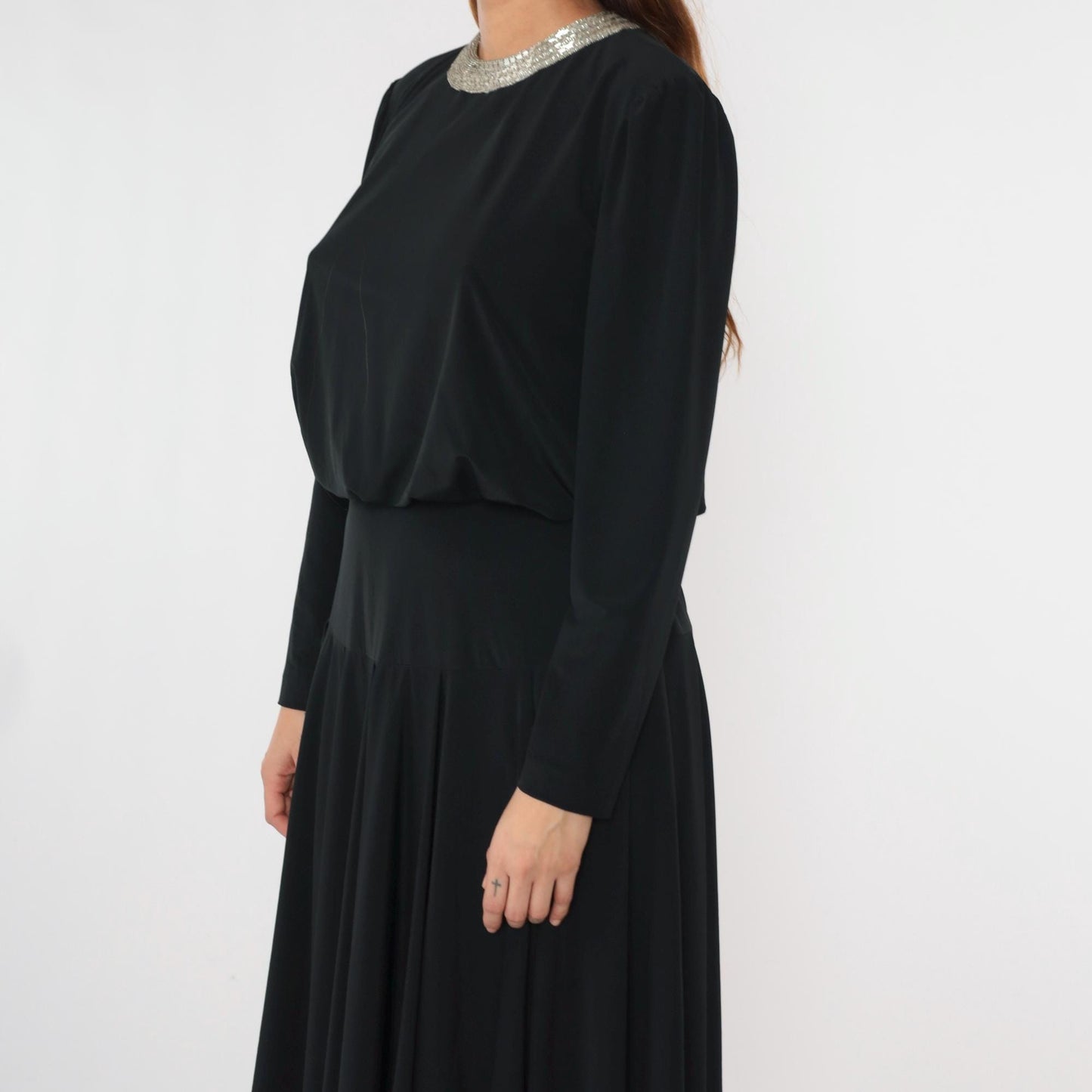 80s Ricki Lang Black Beaded Collar Midi Dress Drop Waist Long Sleeve Medium