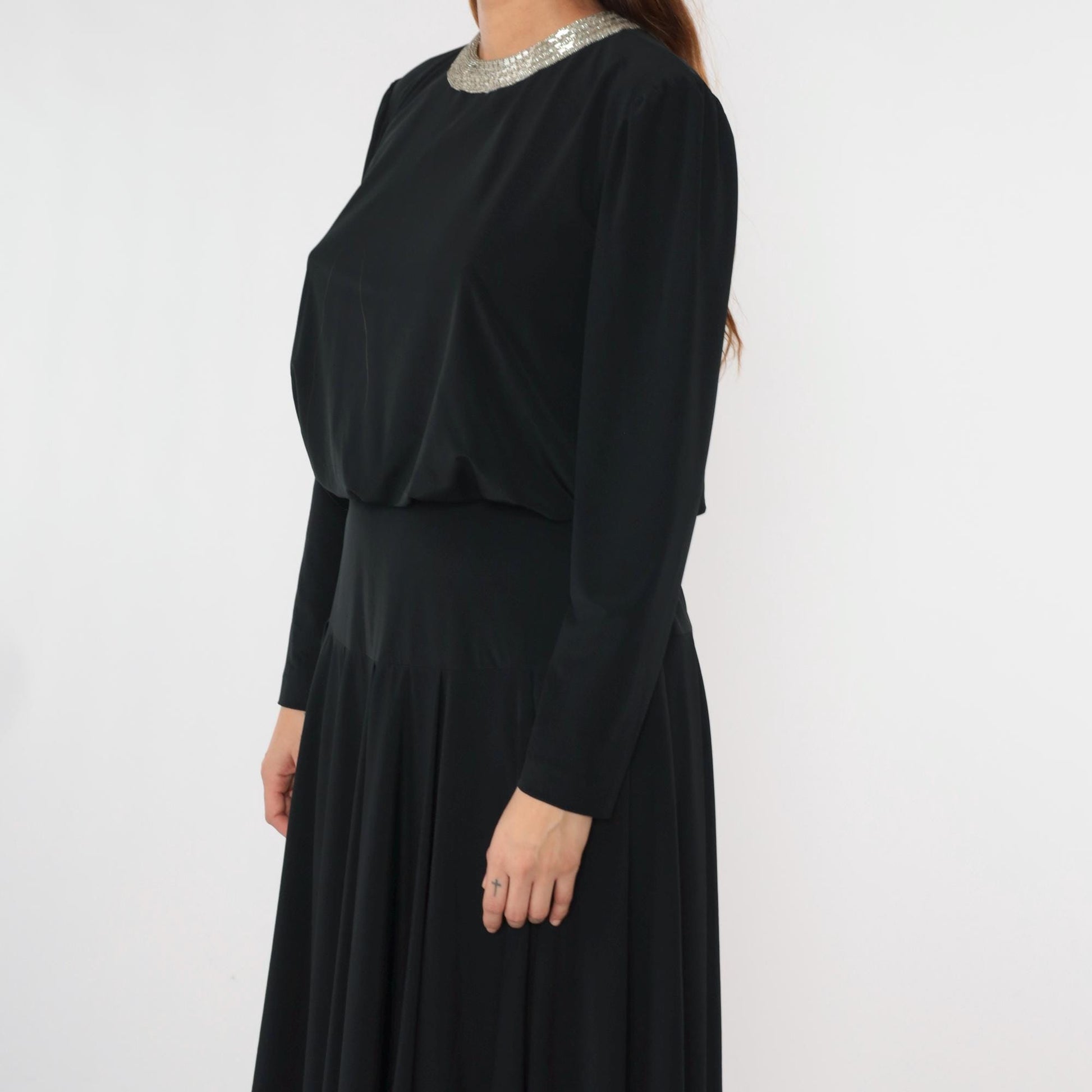 80s Ricki Lang Black Beaded Collar Midi Dress Drop Waist Long Sleeve Medium