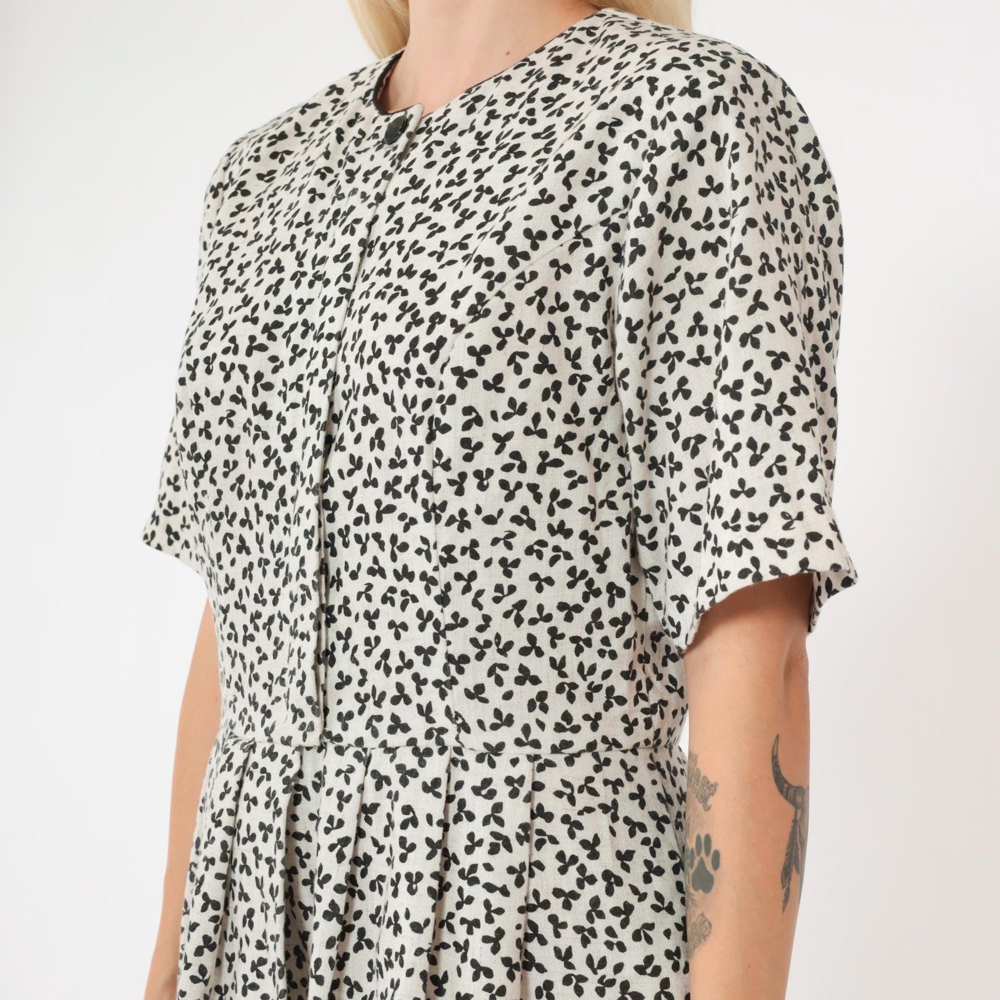 80s Lanz Originals Floral Mini Dress White Black Button-Up High Waisted Medium