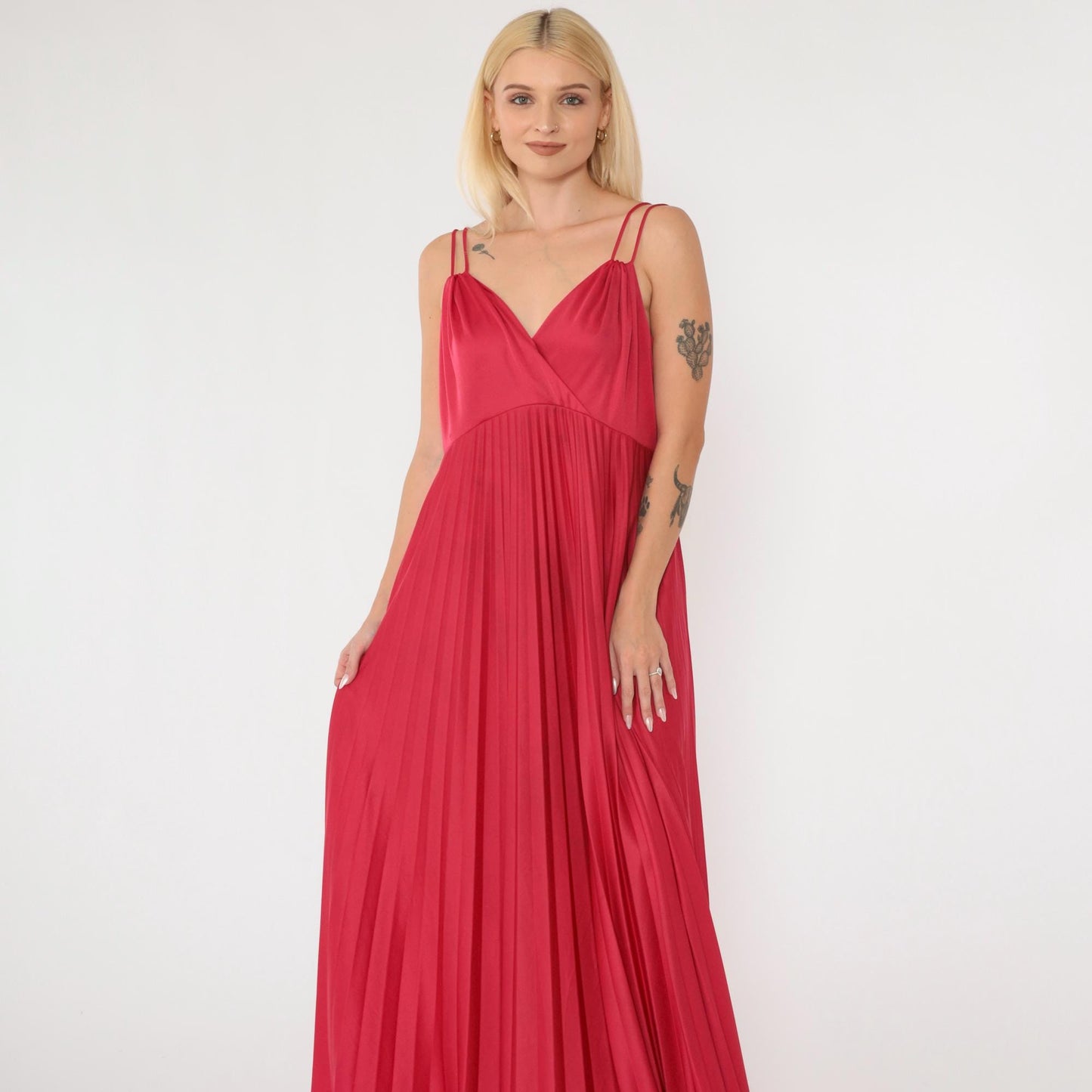 70s Raspberry Red Maxi Dress Deep V Neck Pleated Empire Waist Large