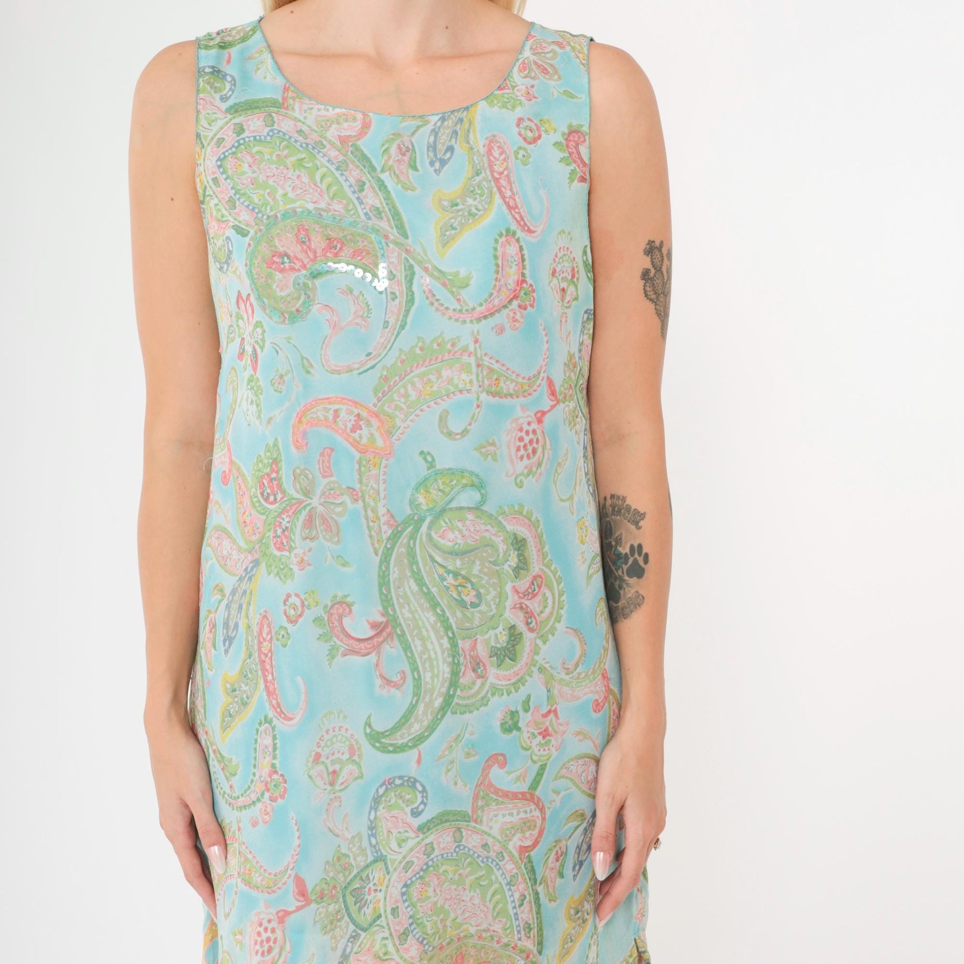Y2K Paisley Sequin Maxi Dress Blue Sleeveless Draped Medium