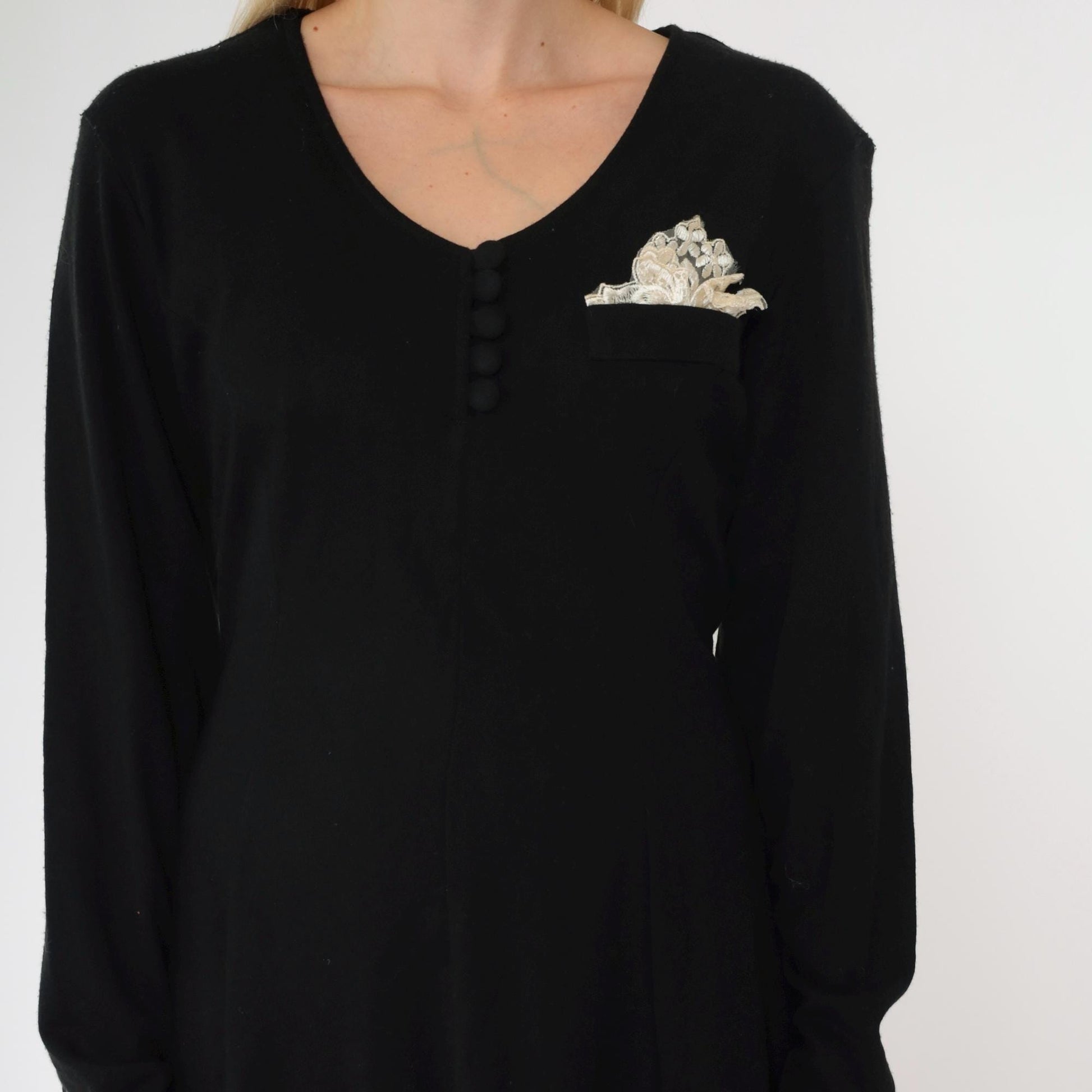 90s Black Shift Dress Lettuce Edge Mini Long Sleeve Lace Pocket Medium
