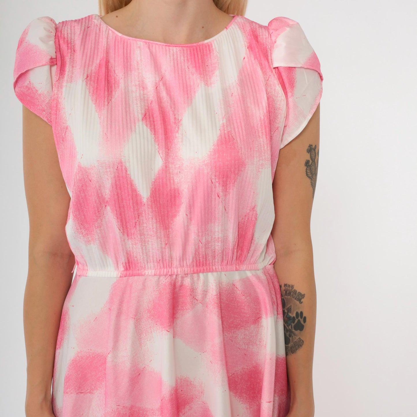 70s Pink Checkered Dress Tulip Sleeve Knee-Length Elastic Waist Small