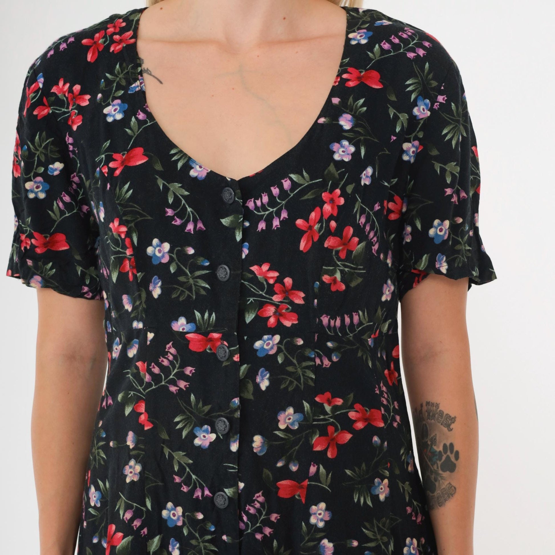 90s Black Floral Rayon Romper Wide Leg Scoop Neck Button Up Medium