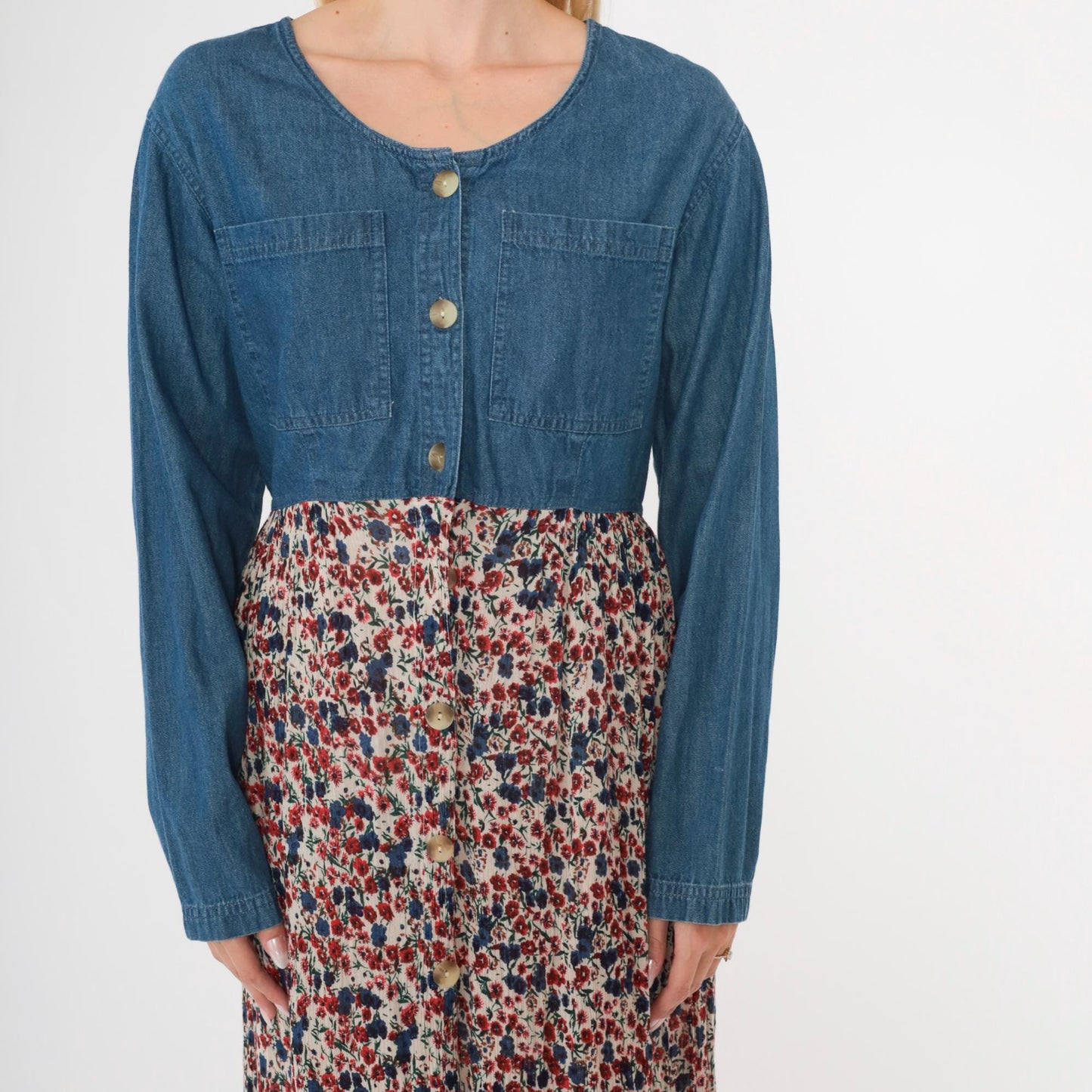 90s Access Floral Denim Maxi Dress Blue Chambray Button-Up High Waist Large
