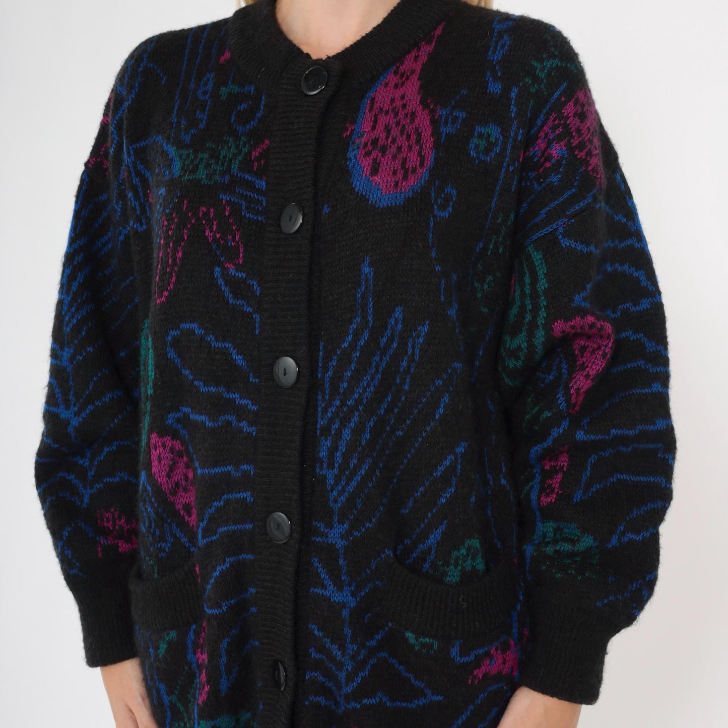 80s Paisley Cardigan Sweater Black Floral Abstract Wool Blend Button Up Medium