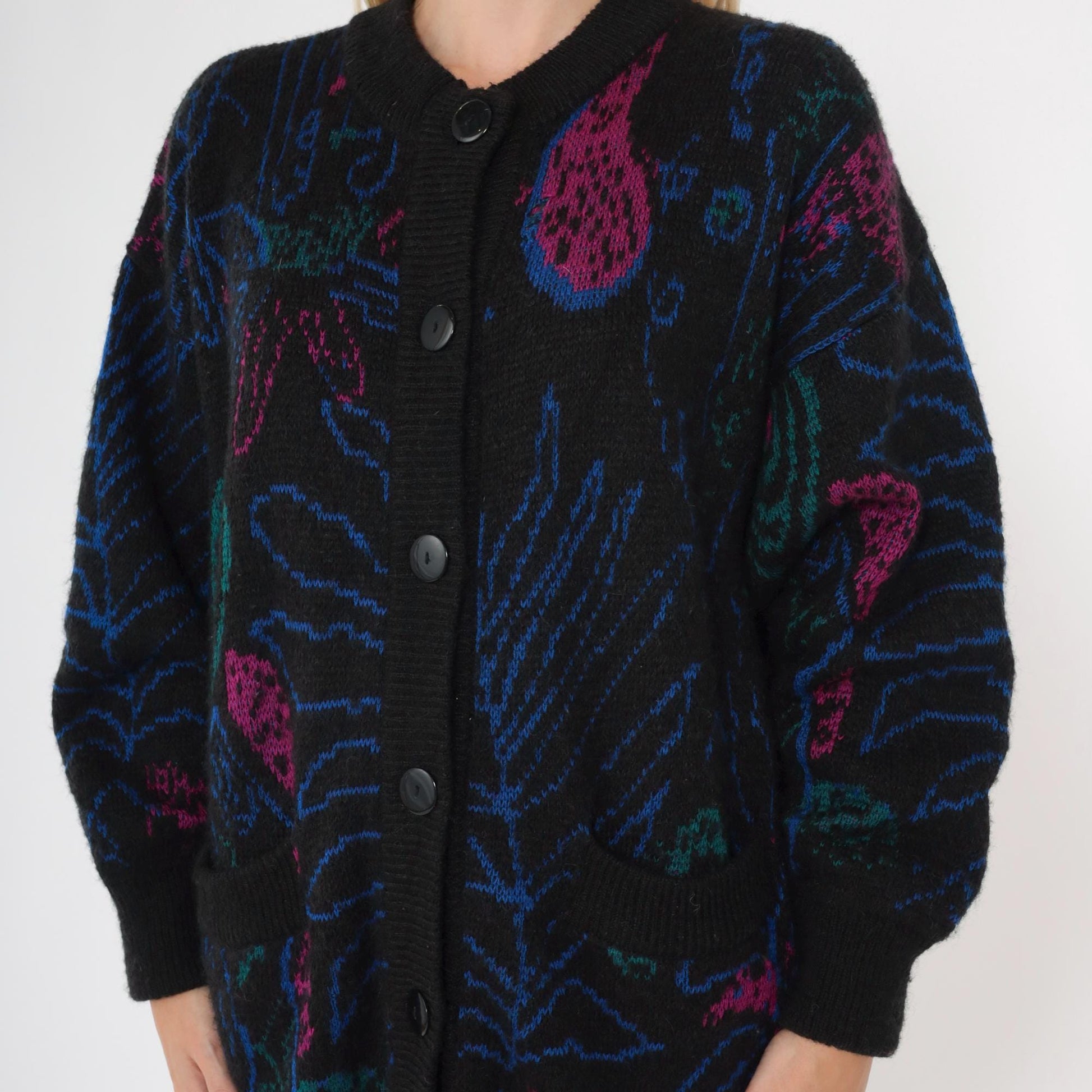 80s Paisley Cardigan Sweater Black Floral Abstract Wool Blend Button Up Medium