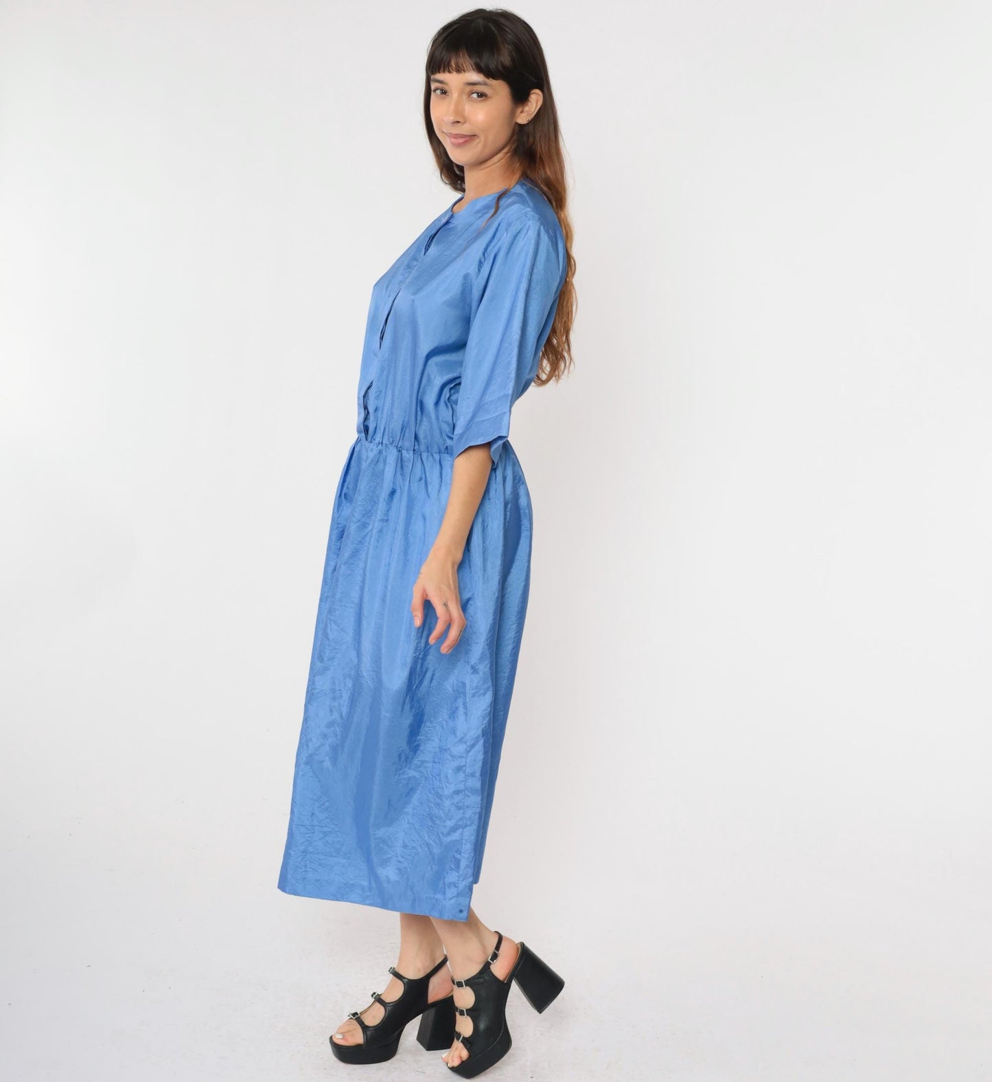 80s Ms Chaus Blue Shiny Midi Shirtdress High Waisted Button Up Medium Large