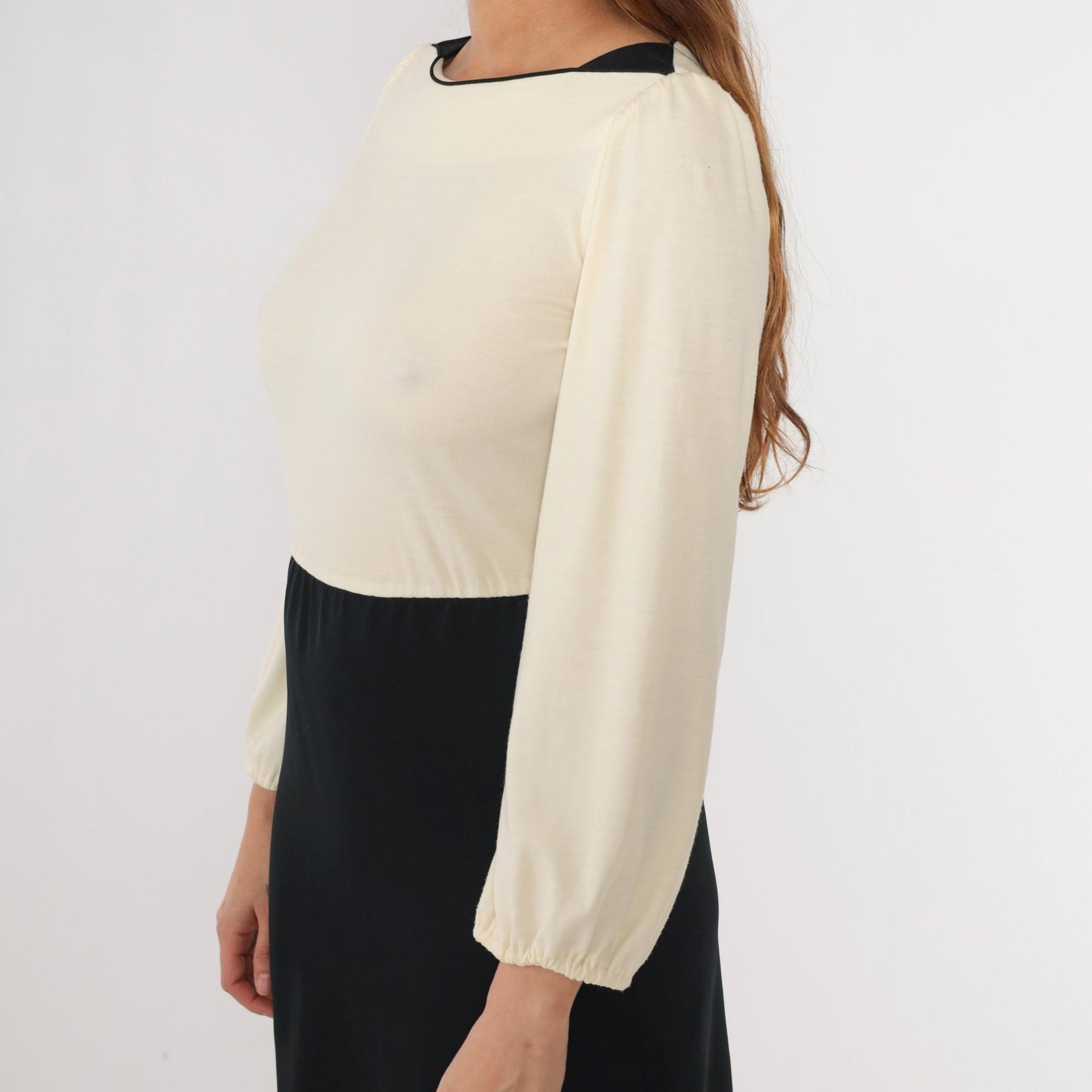 70s Color Block Dress Cream Black Boatneck Puff Sleeve Midi Extra Small