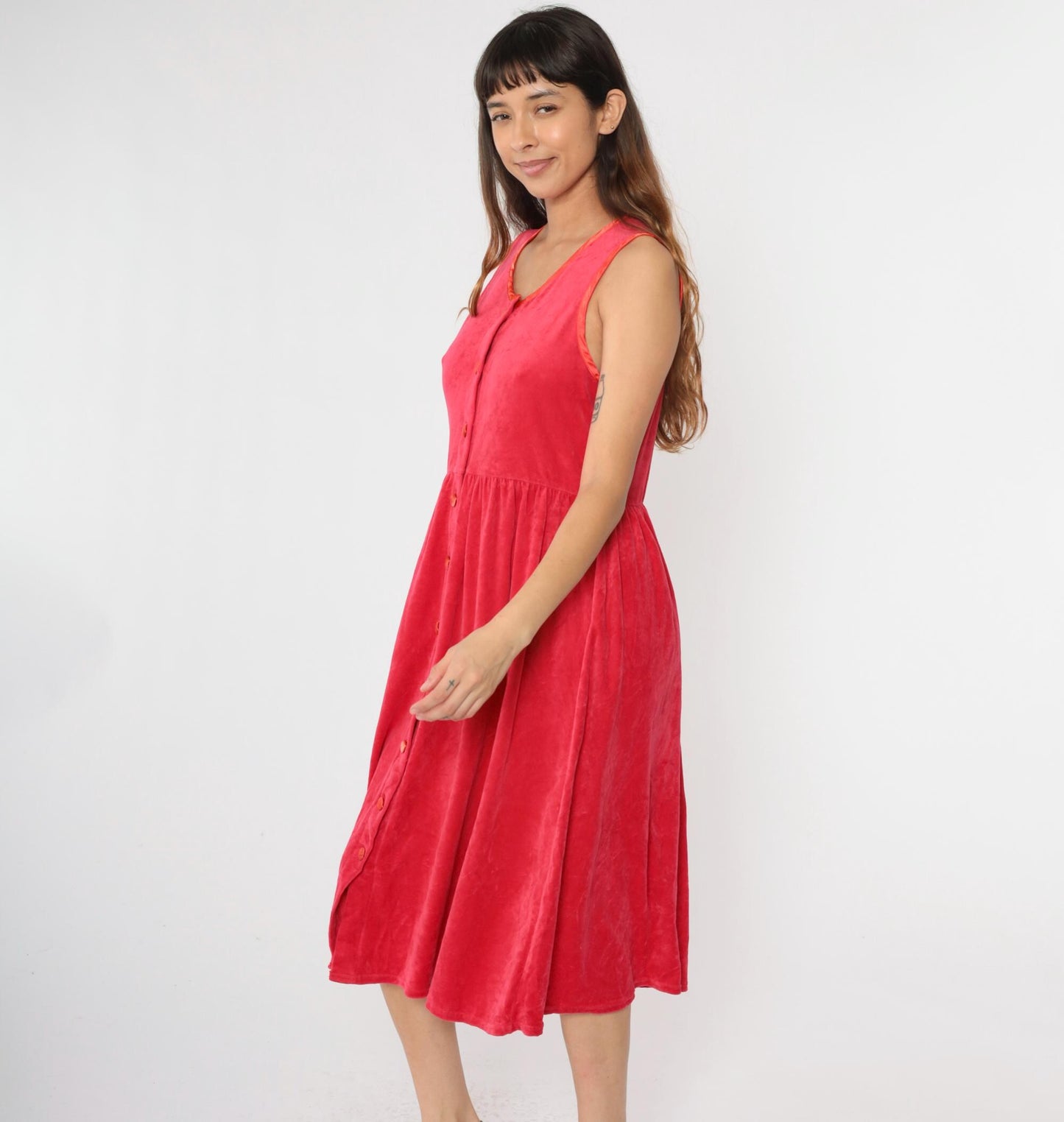 90s Red Velour Button-Up Midi Dress Sleeveless High Waist Medium Petite