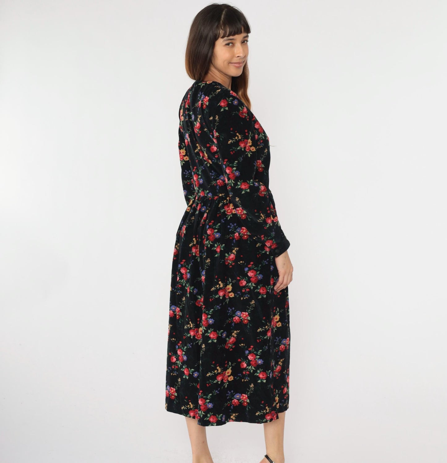 90s Talbots Floral Corduroy Midi Dress Black Button-Up High Waist Medium