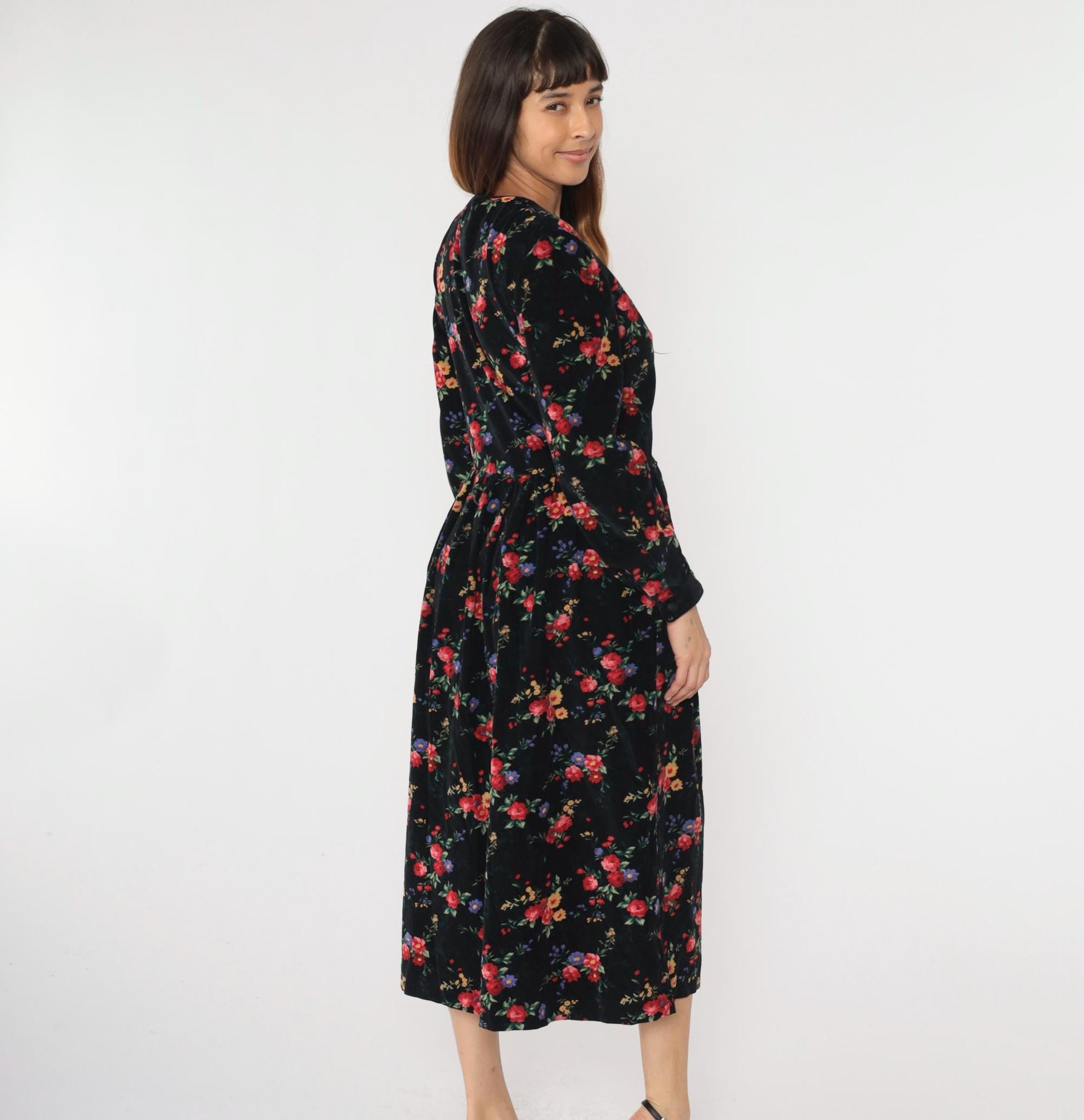 90s Talbots Floral Corduroy Midi Dress Black Button-Up High Waist Medium