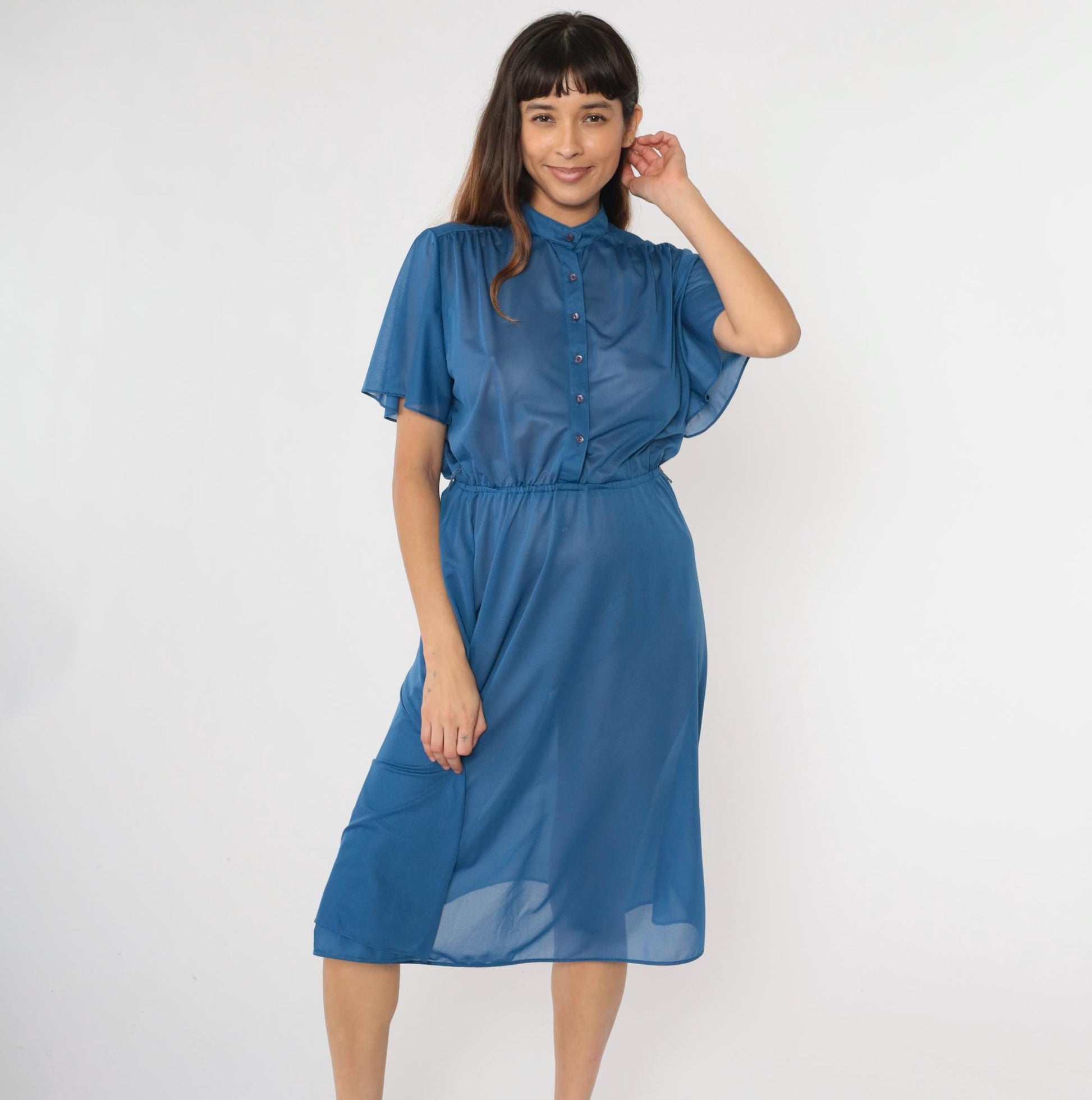 70s Blue Semi-Sheer Midi Shirtdress Flutter Sleeve Button-Up High Waisted Small Medium