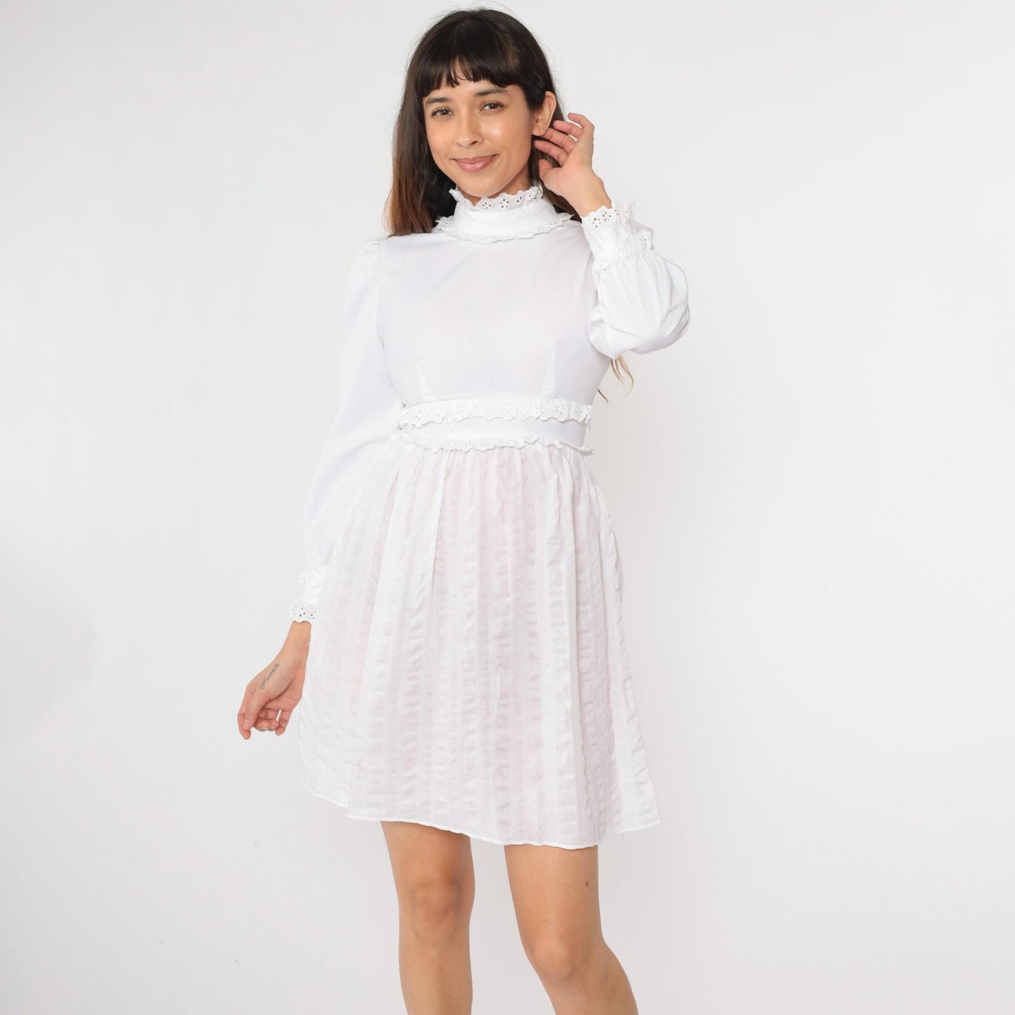 70s White Eyelet Lace Babydoll Dress Empire Waist Puff Sleeve Mini Small