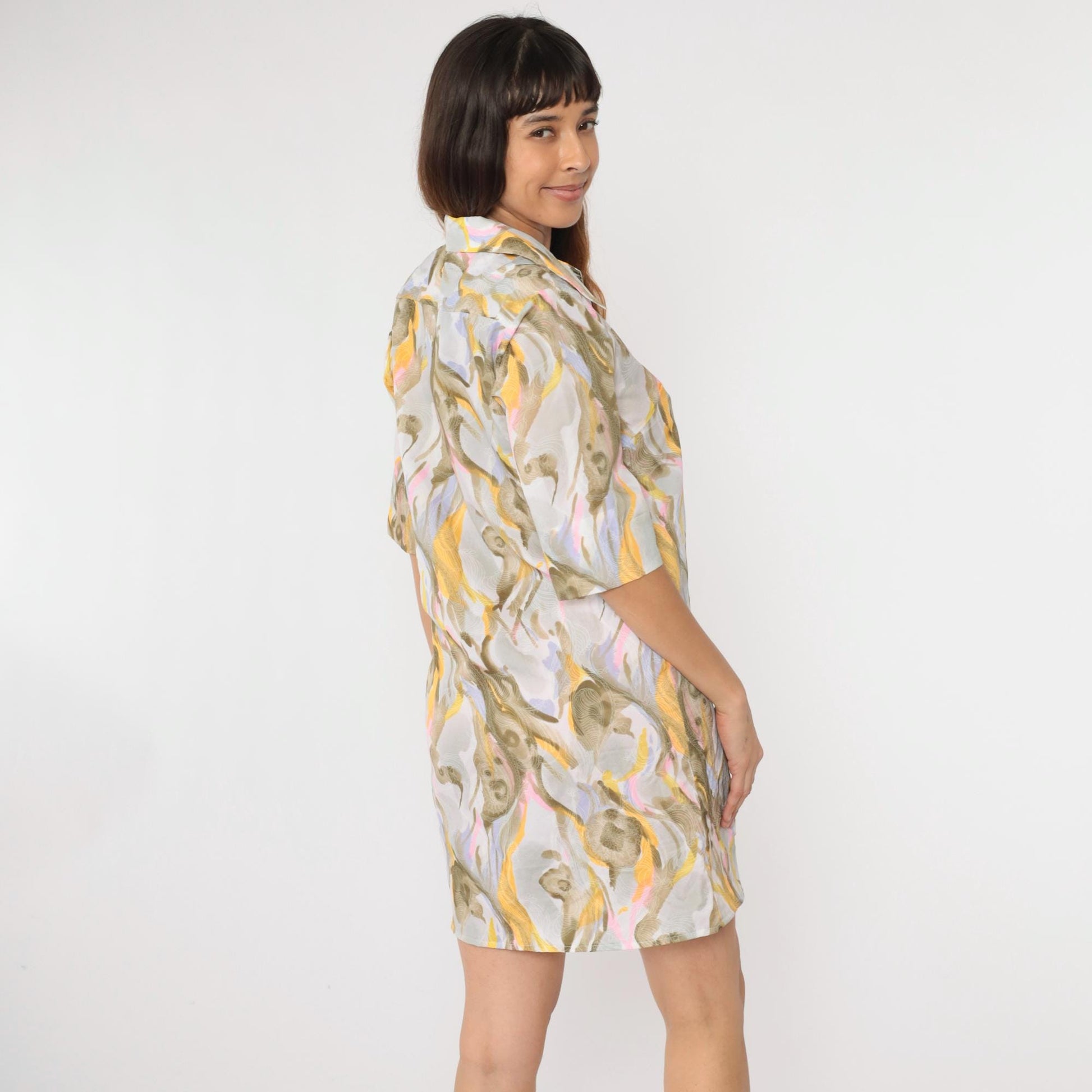 70s Lady Bayard Paisley Watercolor Mini Shirtdress Half Sleeve Grey Pink Yellow Medium