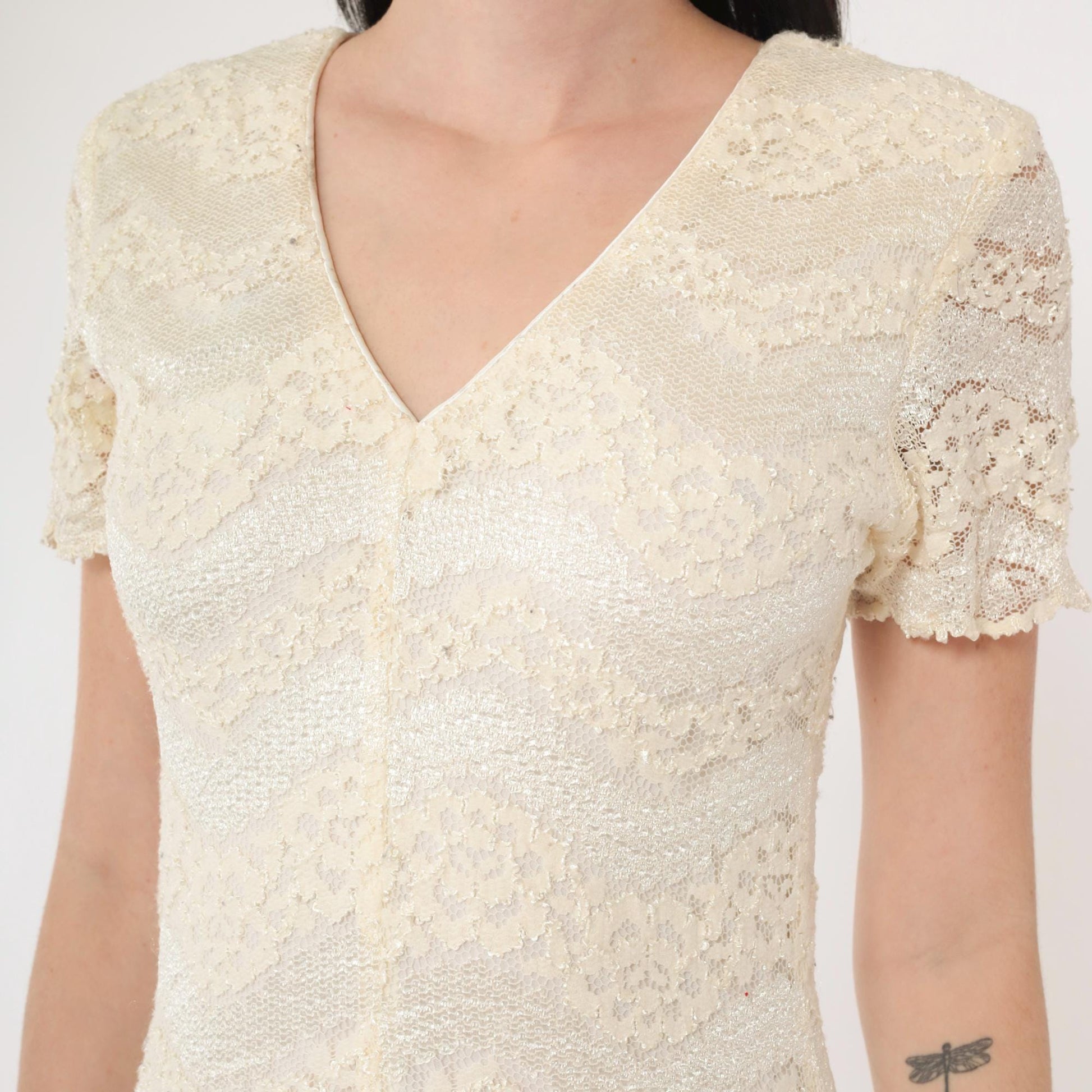 90s Scarlett Cream Lace Mini Dress Zigzag V-Neck Short Sleeve Small