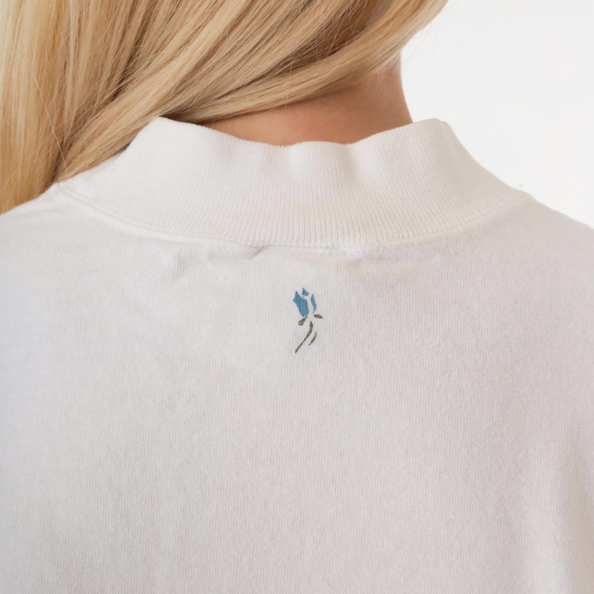 Y2K Wildflower Graphic Mock Neck Long Sleeve Tee White Cotton Large L