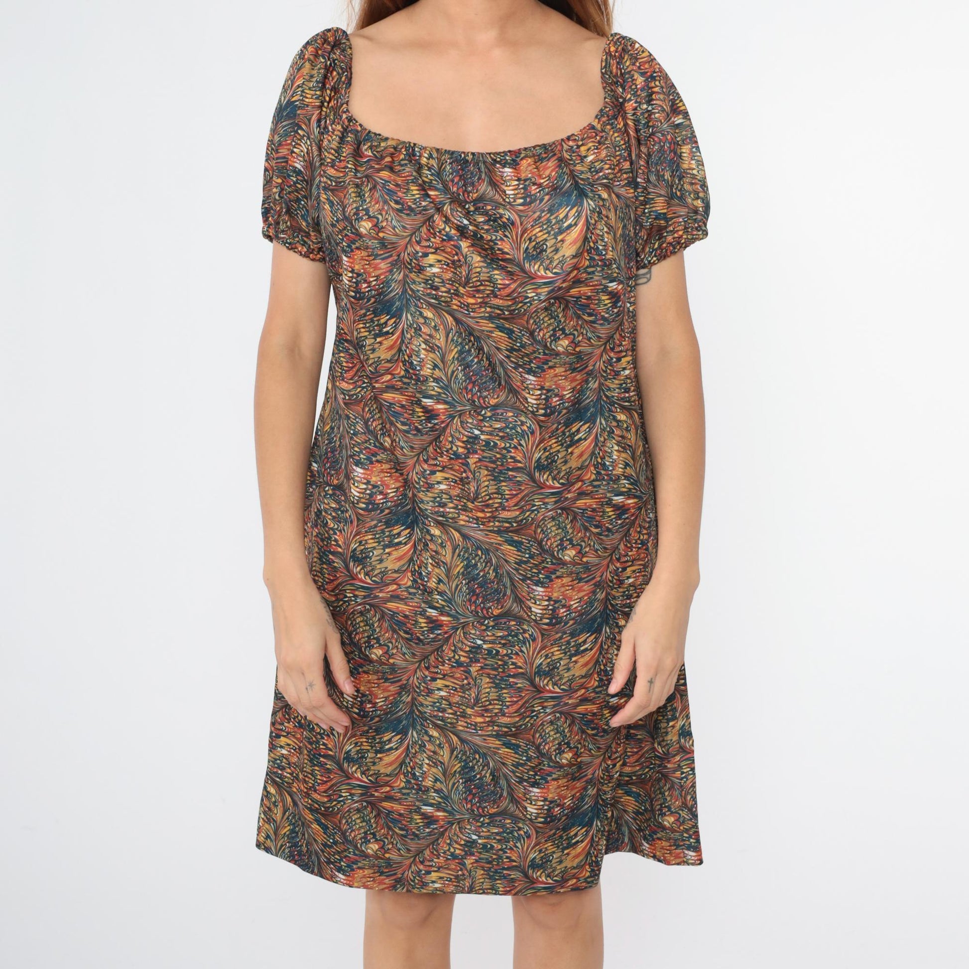 70s Psychedelic Feather Print Shift Dress Elastic Neckline Knee Length Large