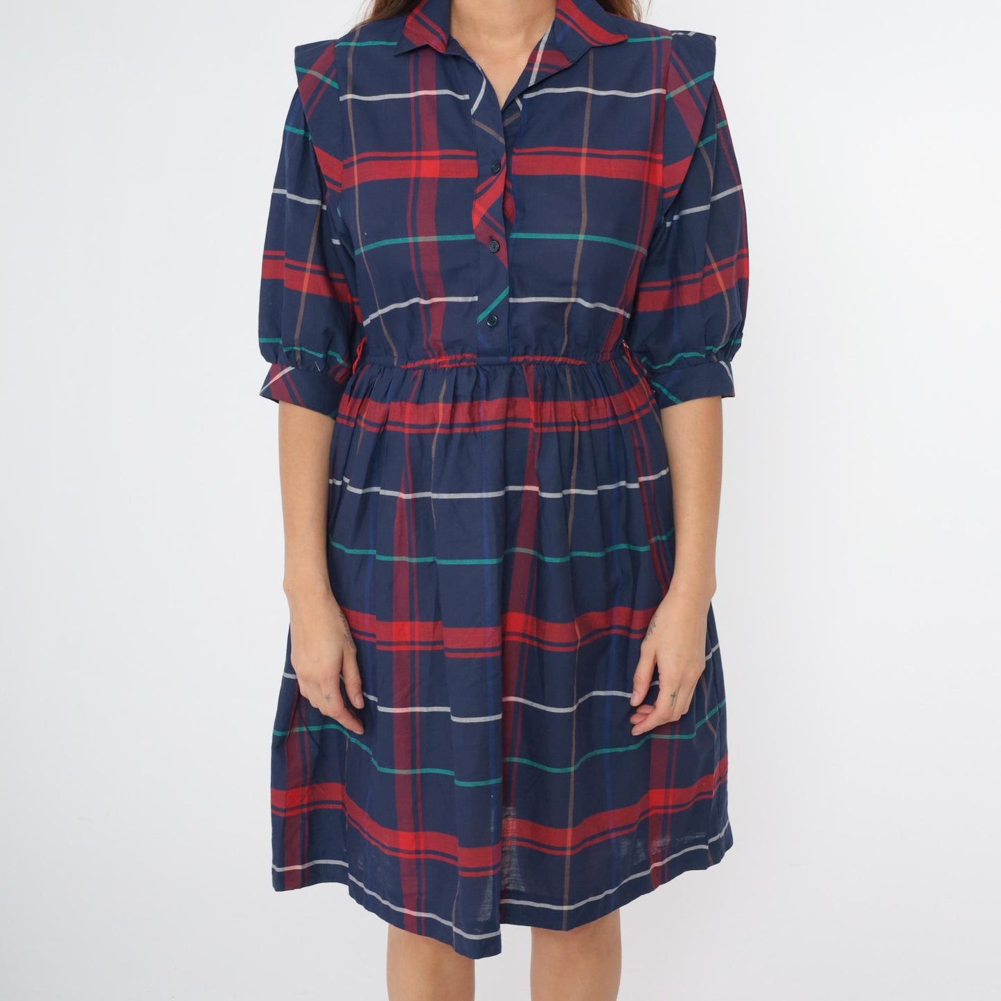 80s Dark Blue Plaid Button-Up Midi Dress High Waist Collar Half Sleeve Extra Small