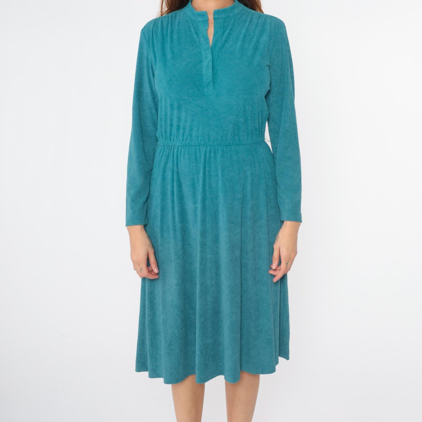 80s Teal Terry Cloth Midi Dress Mandarin Collar High Waist Long Sleeve Small