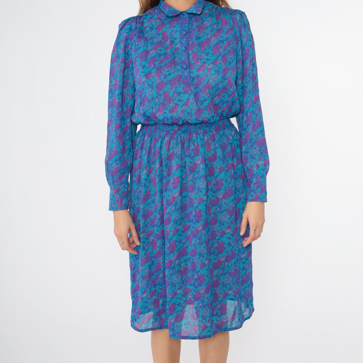 80s Abstract Leaf Print Midi Dress Puff Sleeve Button Up Turquoise Small