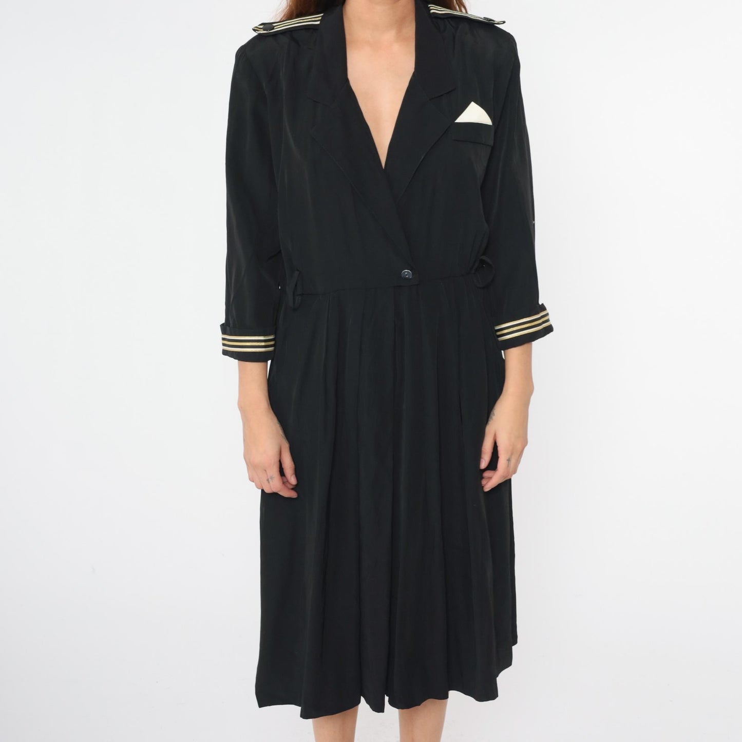 90s Black Midi Wrap Dress Gold Striped Epaulette High Waist Large