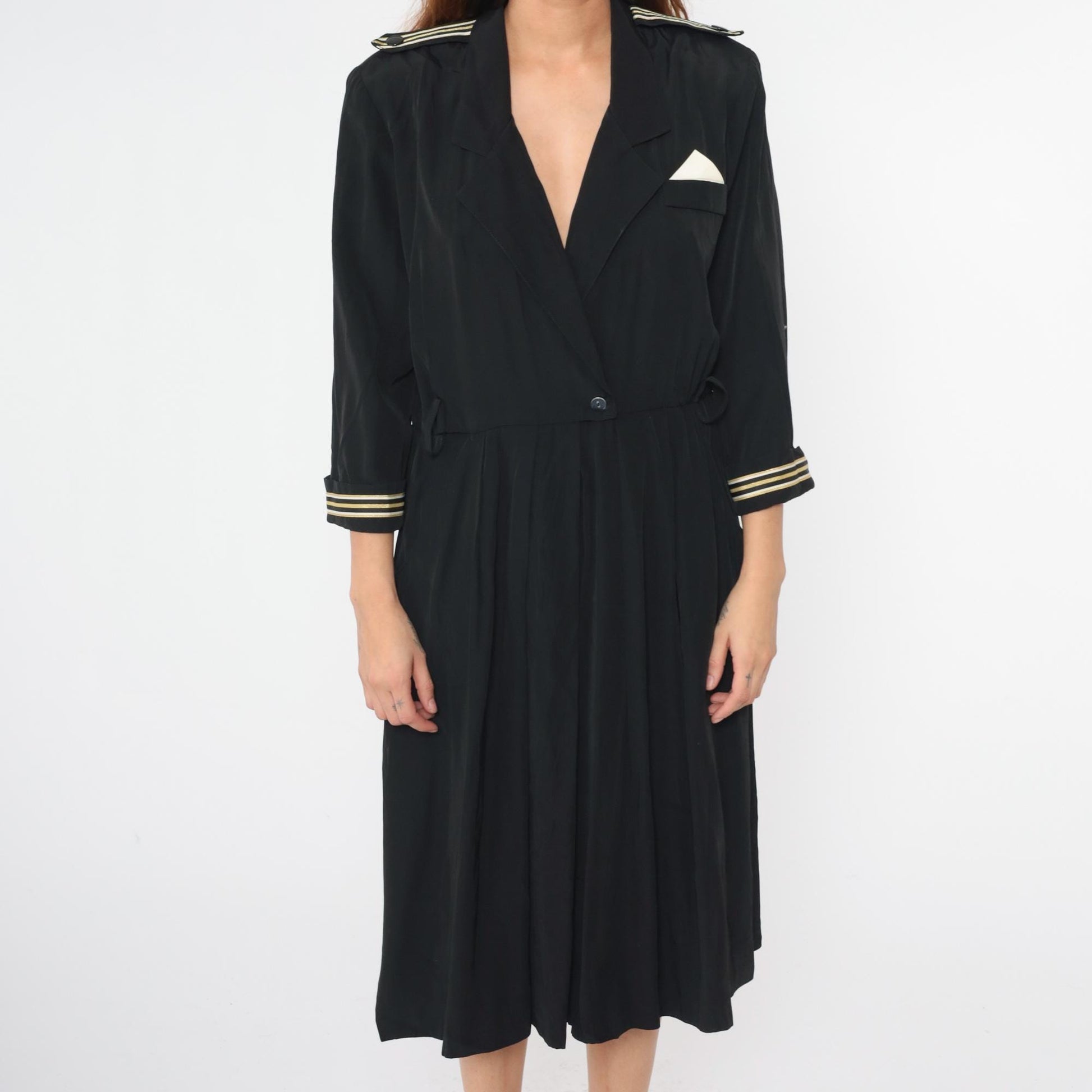 90s Black Midi Wrap Dress Gold Striped Epaulette High Waist Large